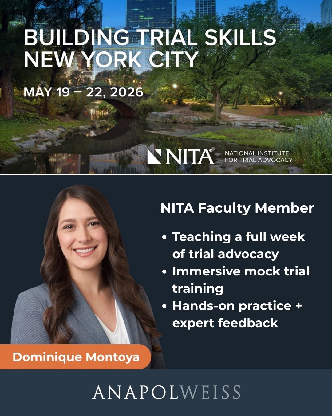 Image Dominique Montoya, Anapol Weiss associate and NITA faculty member, featured in promotional graphic for Building Trial Skills New York City, May 19–22, 2026