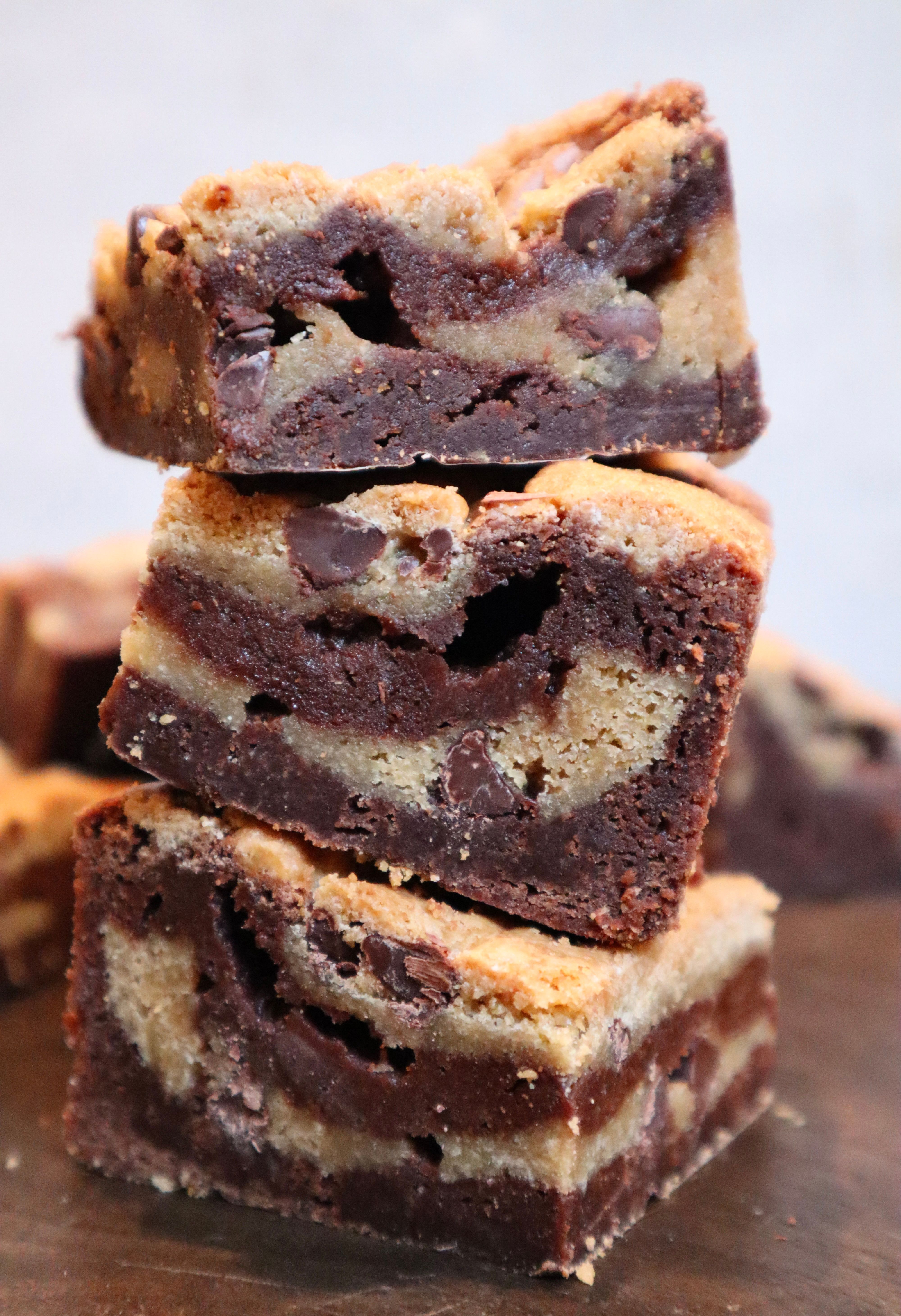 Stacked brookies with fudgy brownie and chewy chocolate chip cookie layers