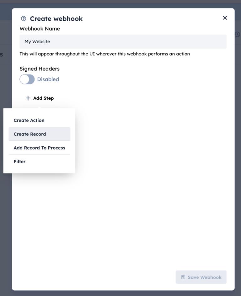Adding a Create Record step to the webhook workflow