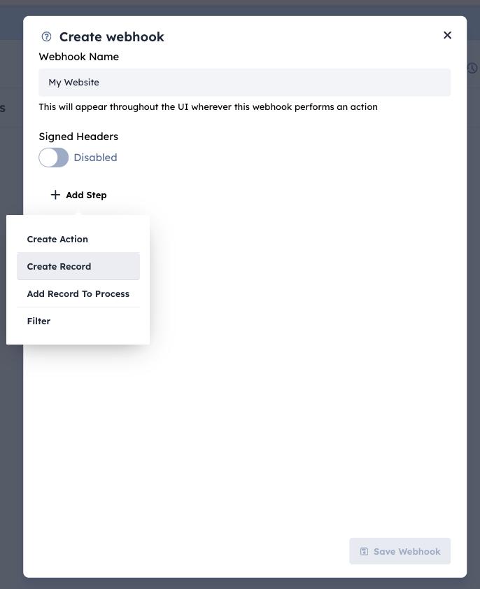 Adding a Create Record step to the webhook workflow