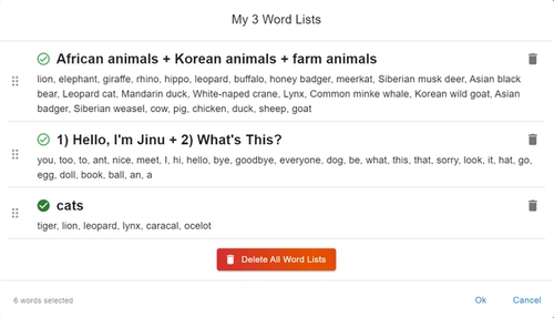 Screenshot of Saved word lists