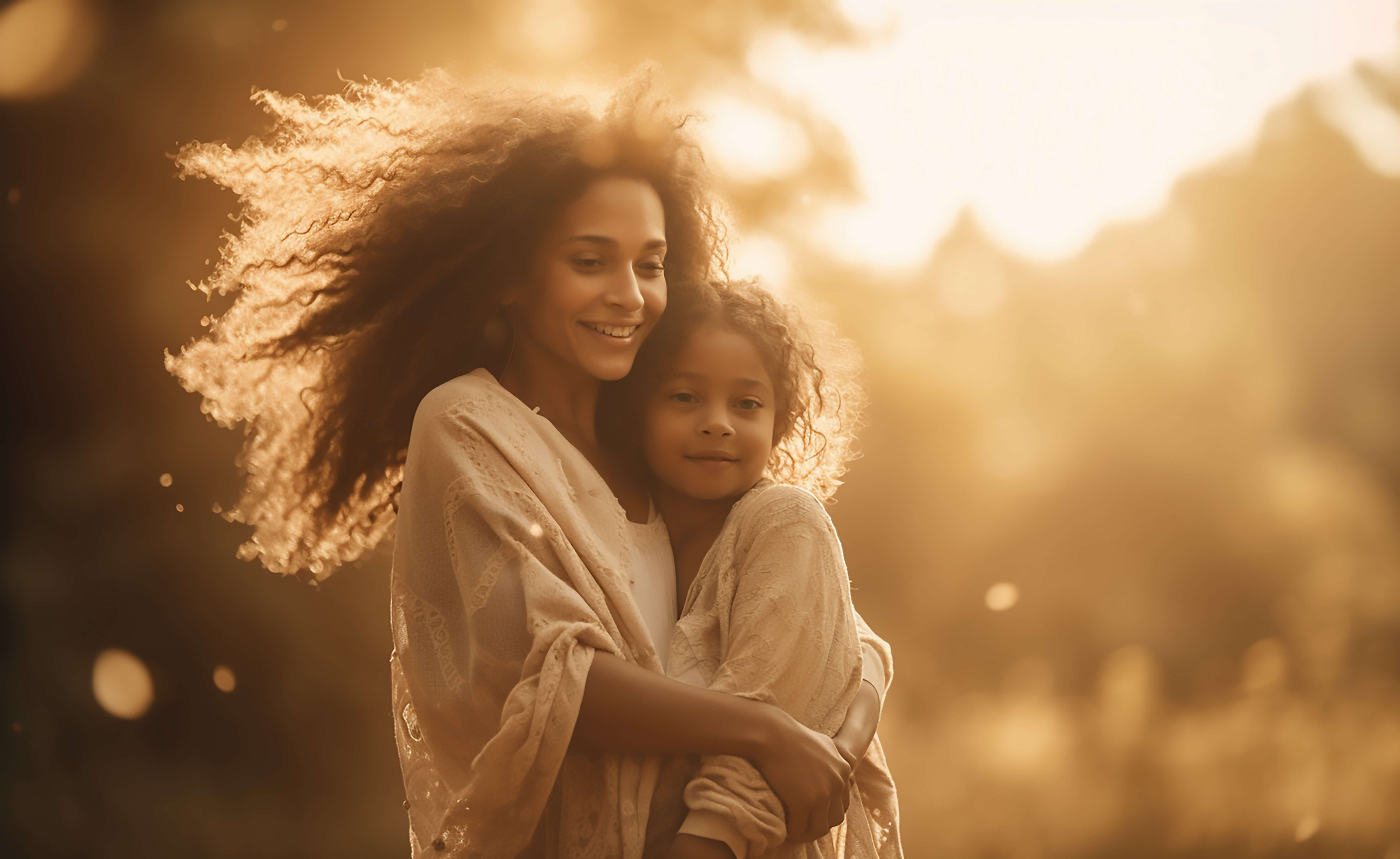 Mom and daughter walk in a park at golden hour