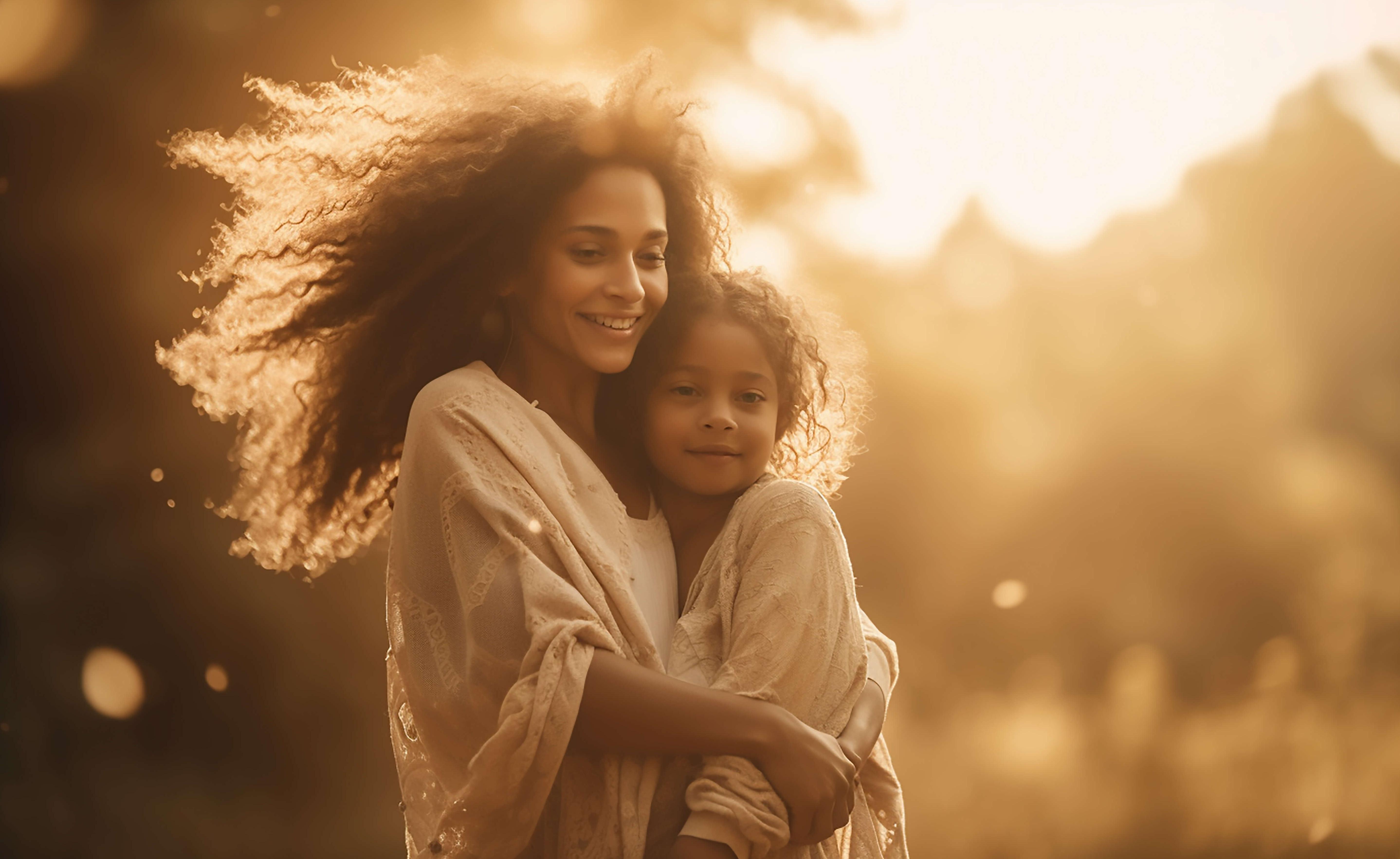 Mom and daughter walk in a park at golden hour