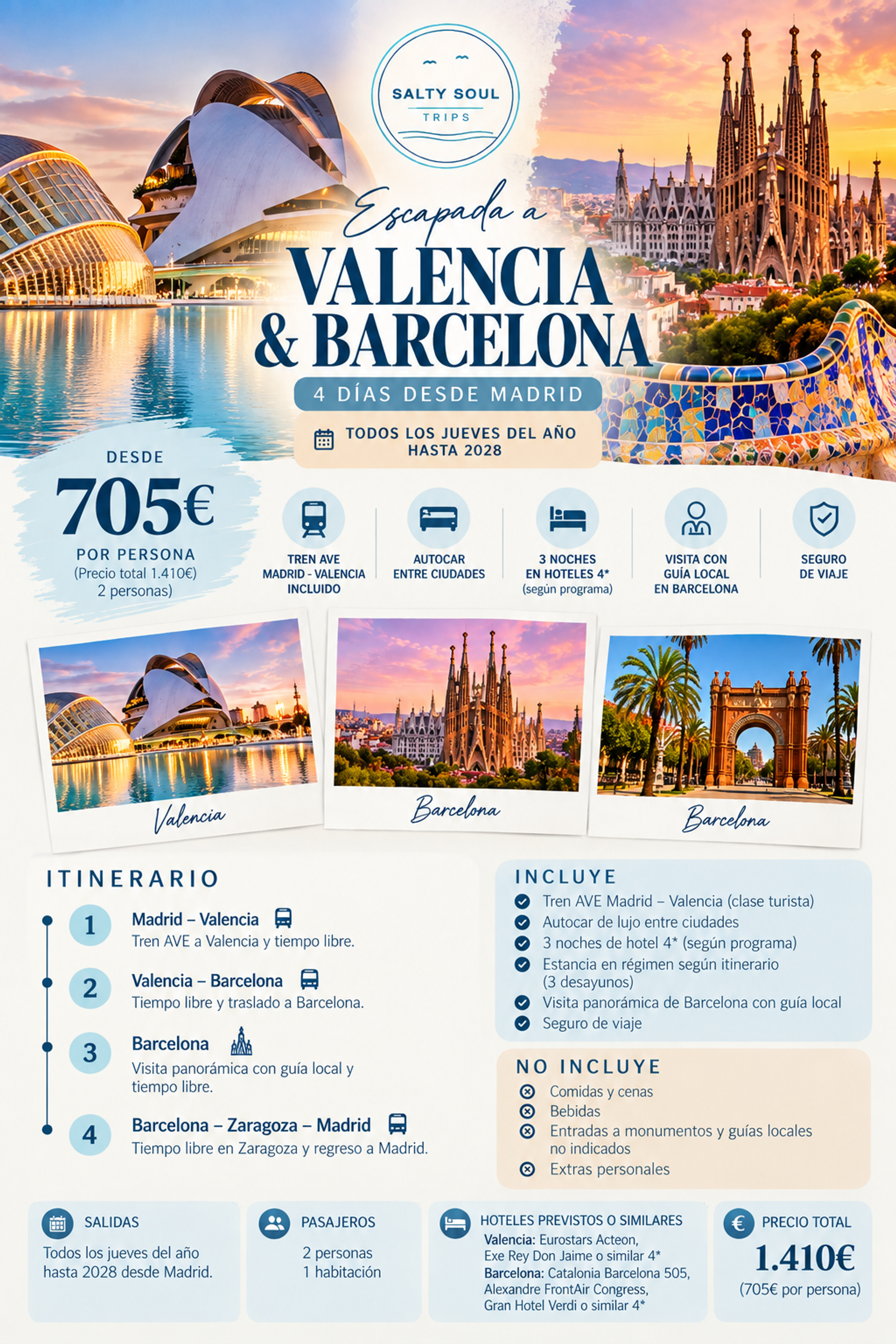 Oferta de viaje a Valencia y Barcelona de 4 días desde Madrid con SaltySoulTrips, desde 705 € por persona.