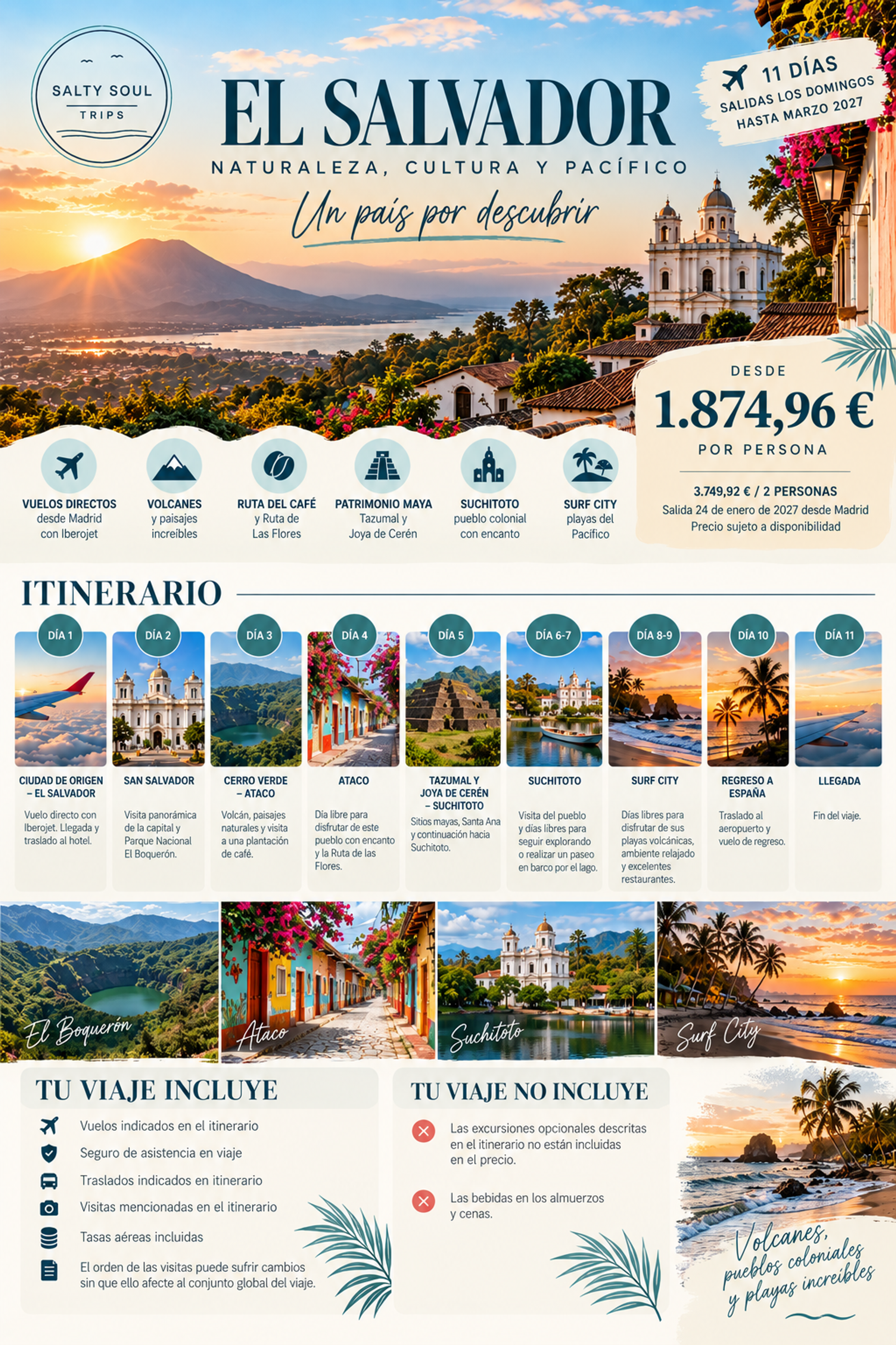 Paquete turístico a El Salvador de 11 días desde Madrid con SaltySoulTrips, visitando San Salvador, Cerro Verde, Ataco, Suchitoto y Surf City, desde 1.874,96 € por persona.