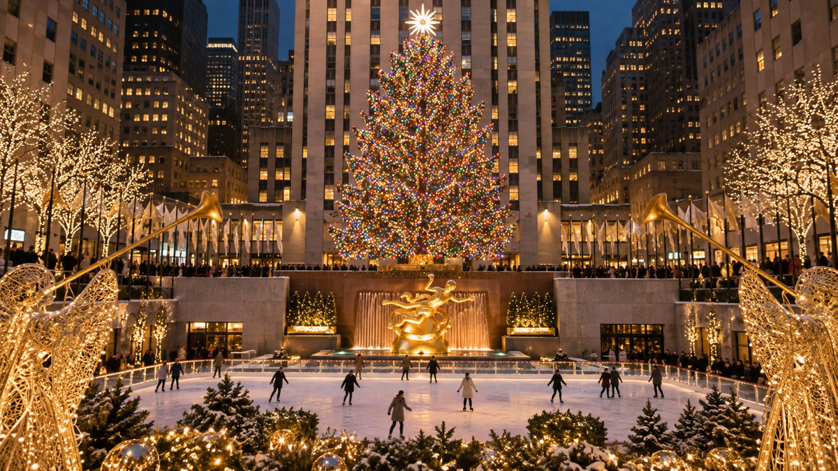 Árbol de Navidad de Rockefeller Center iluminado durante un viaje a Nueva York en Navidad