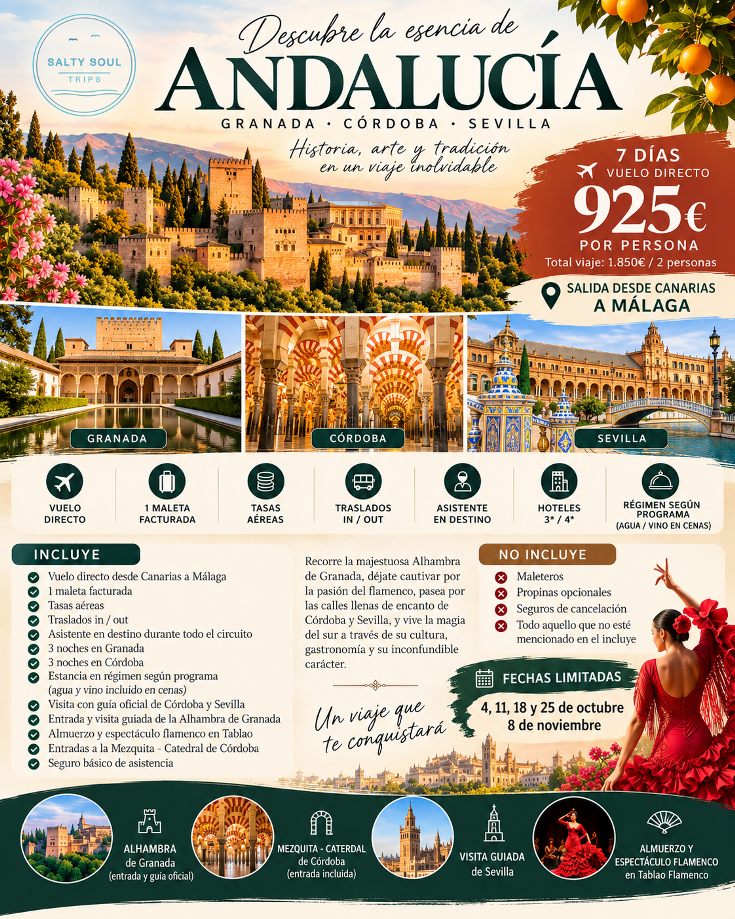 Paquete turístico de Andalucía de 7 días desde Canarias, visitando Granada, Córdoba y Sevilla, desde 925 € por persona con SaltySoulTrips. Copiar
