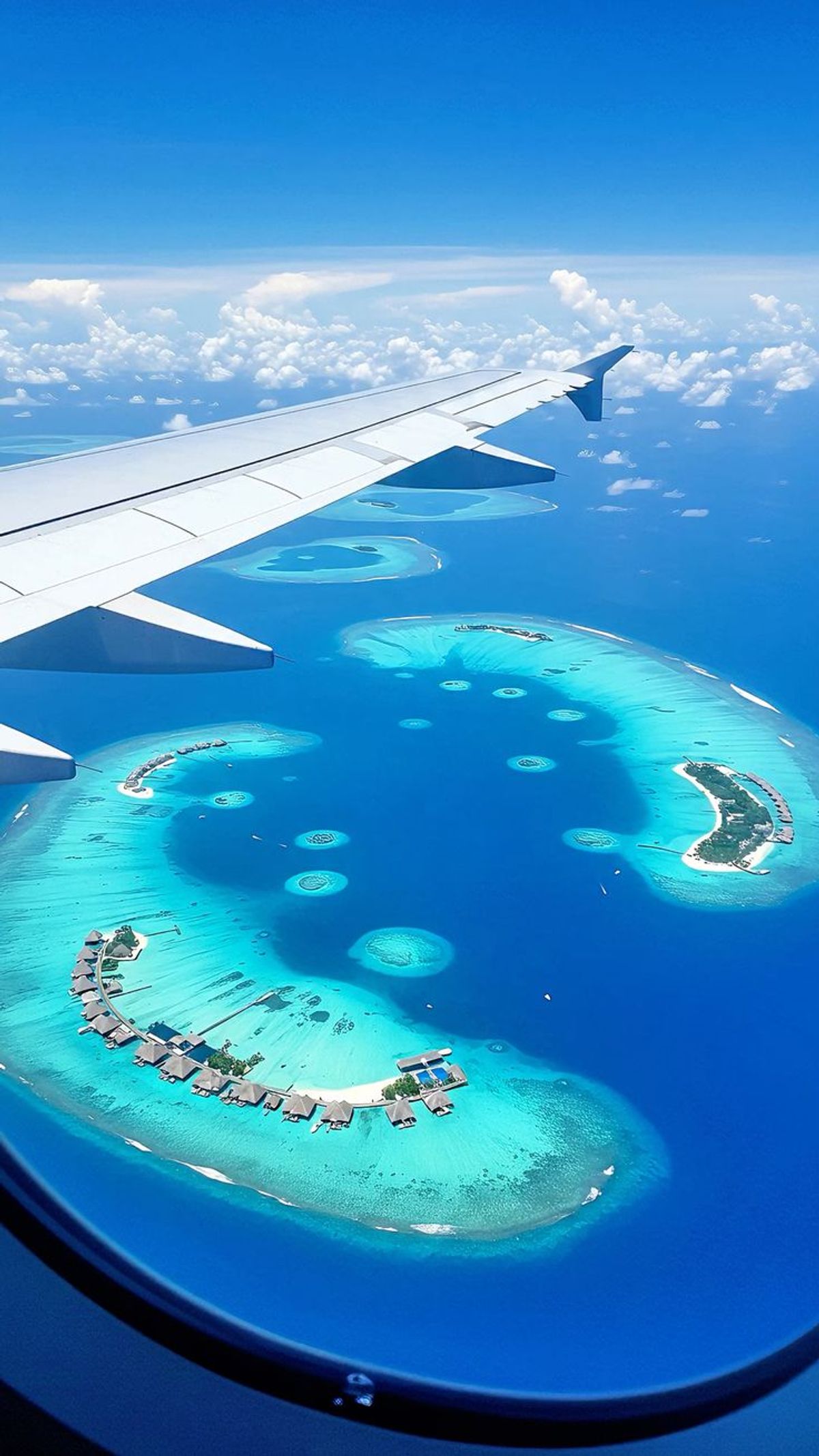 Vista aérea de una isla local de Maldivas rodeada de aguas turquesas y playas de arena blanca. Copiar