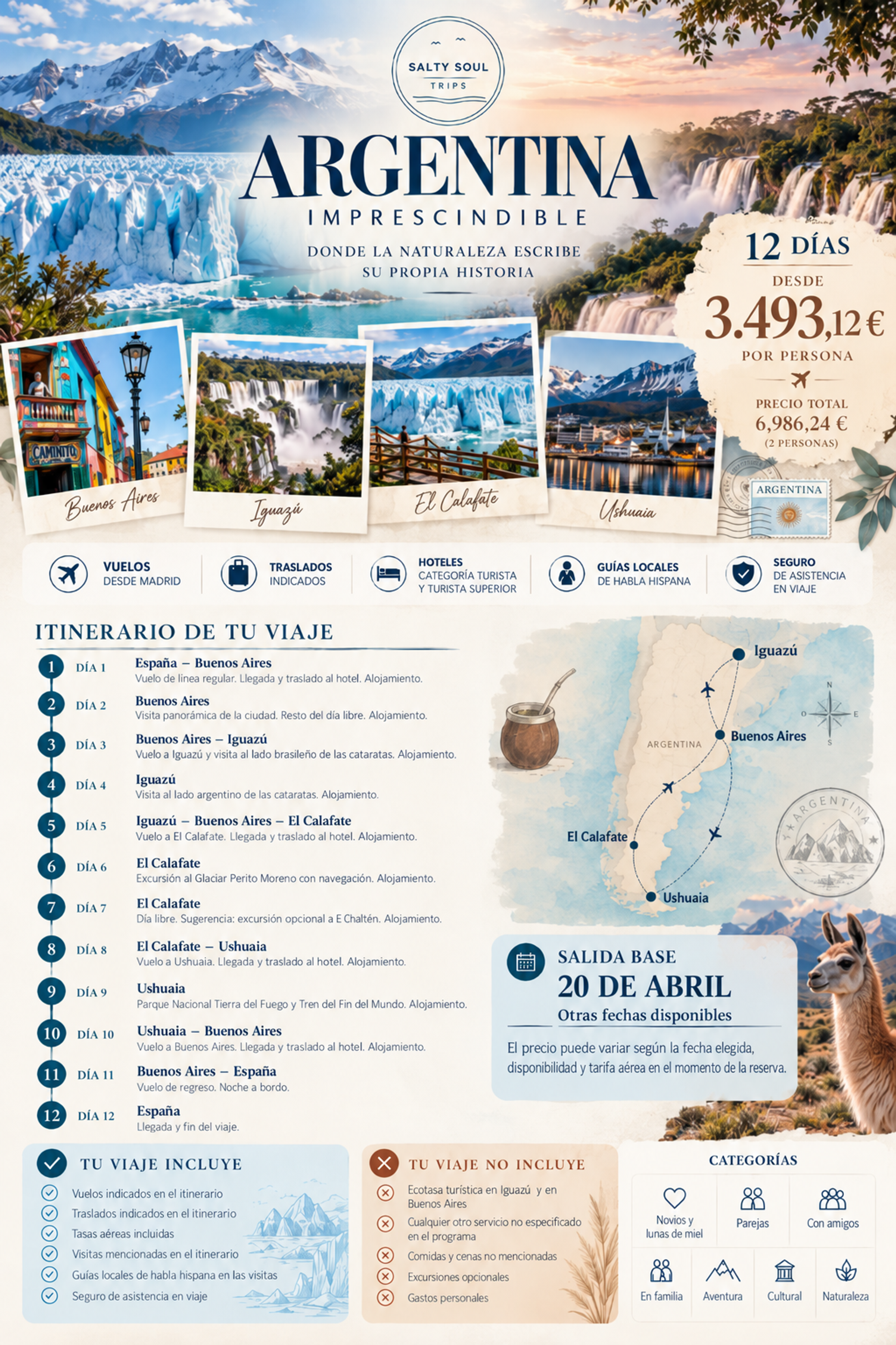 Paquete Argentina Imprescindible de SaltySoulTrips, circuito de 12 días desde Madrid con Buenos Aires, Iguazú, El Calafate y Ushuaia, desde 3.493,12 € por persona.