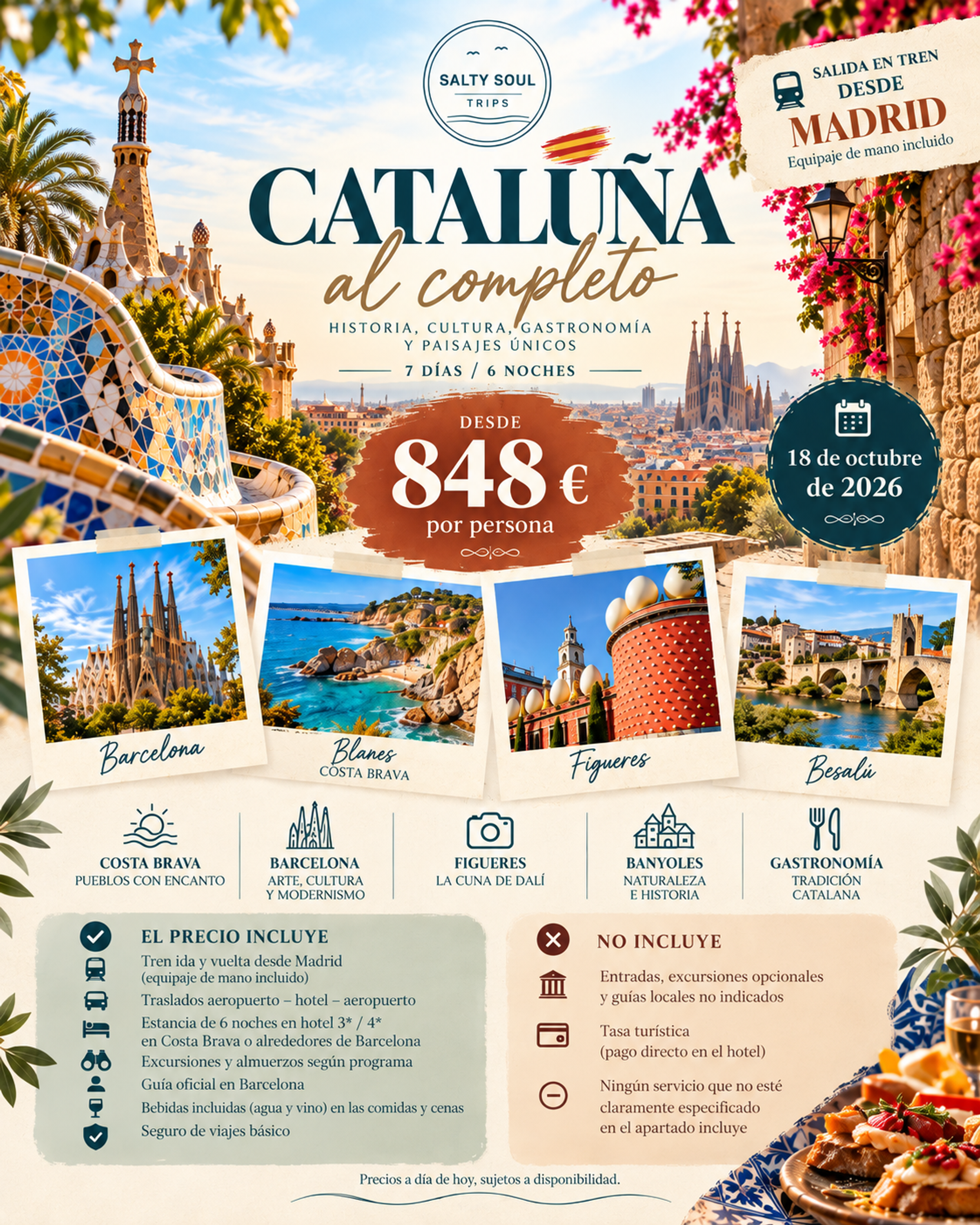 Paquete Cataluña al completo de SaltySoulTrips, 7 días desde Madrid, con Barcelona, Costa Brava, Blanes y Figueres, desde 848 € por persona.