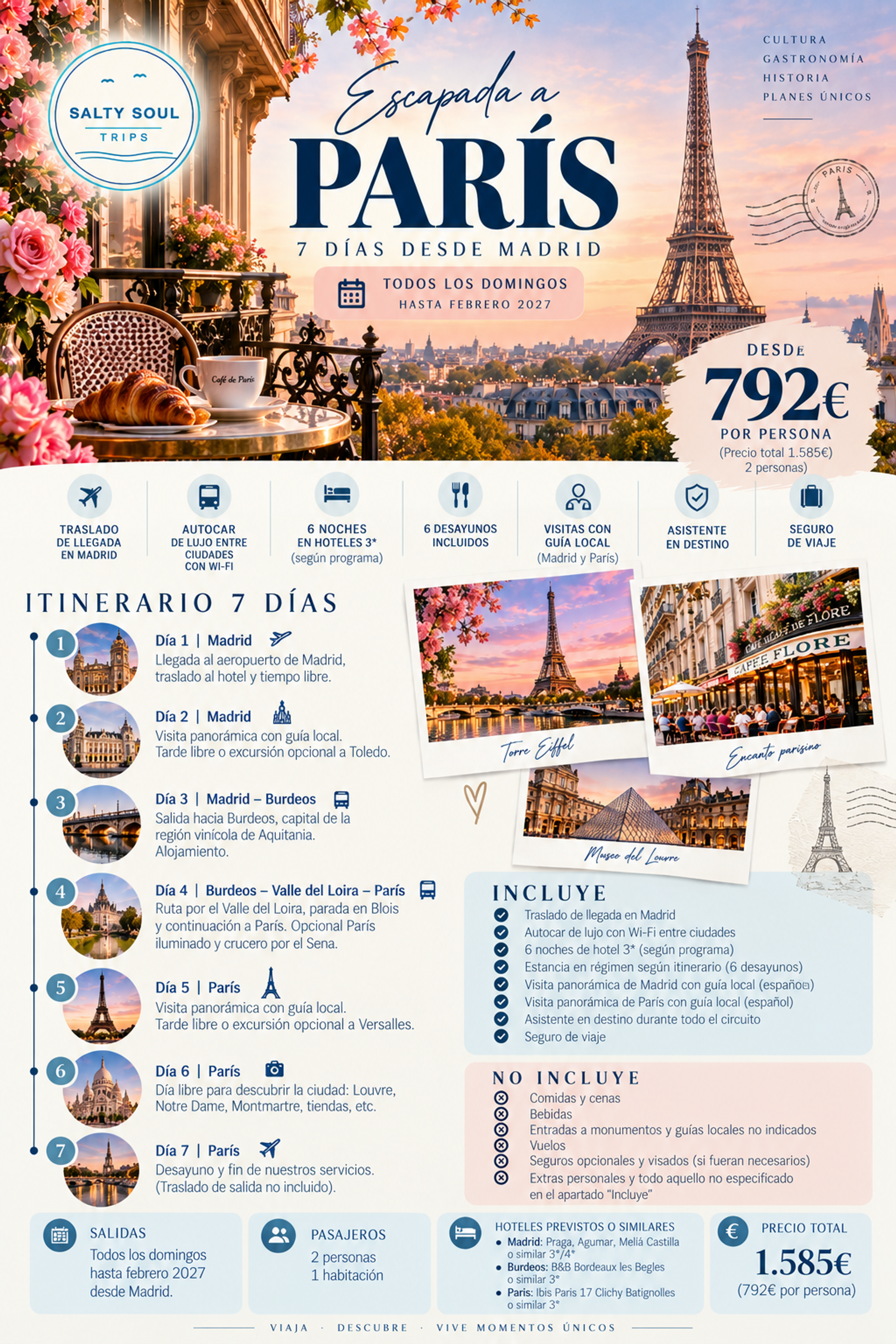 Oferta de viaje a París de 7 días desde Madrid con SaltySoulTrips, desde 792 € por persona.