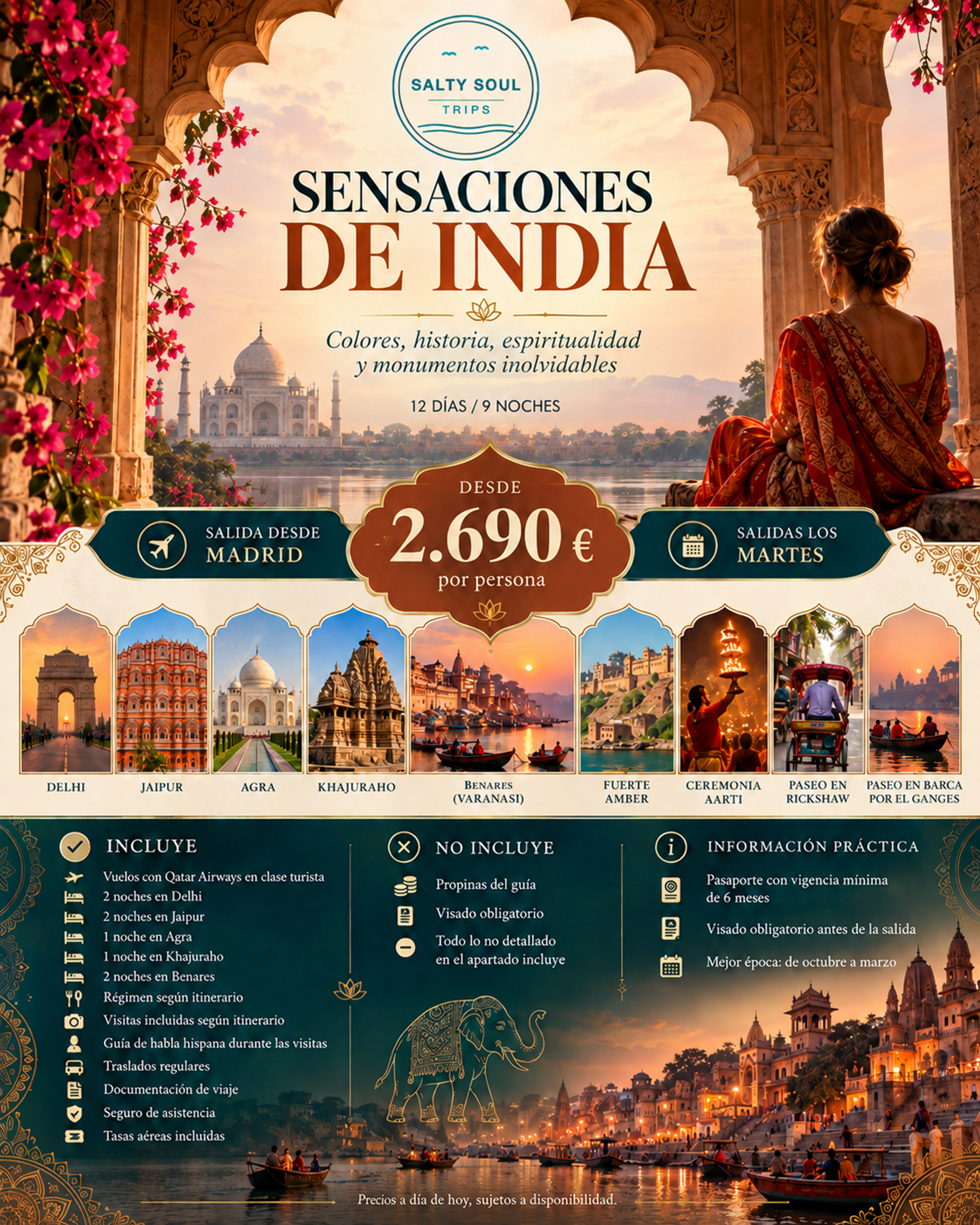 Paquete Sensaciones de India de SaltySoulTrips, circuito de 12 días desde Madrid por Delhi, Jaipur, Agra, Khajuraho y Benarés, desde 2.690 € por persona.