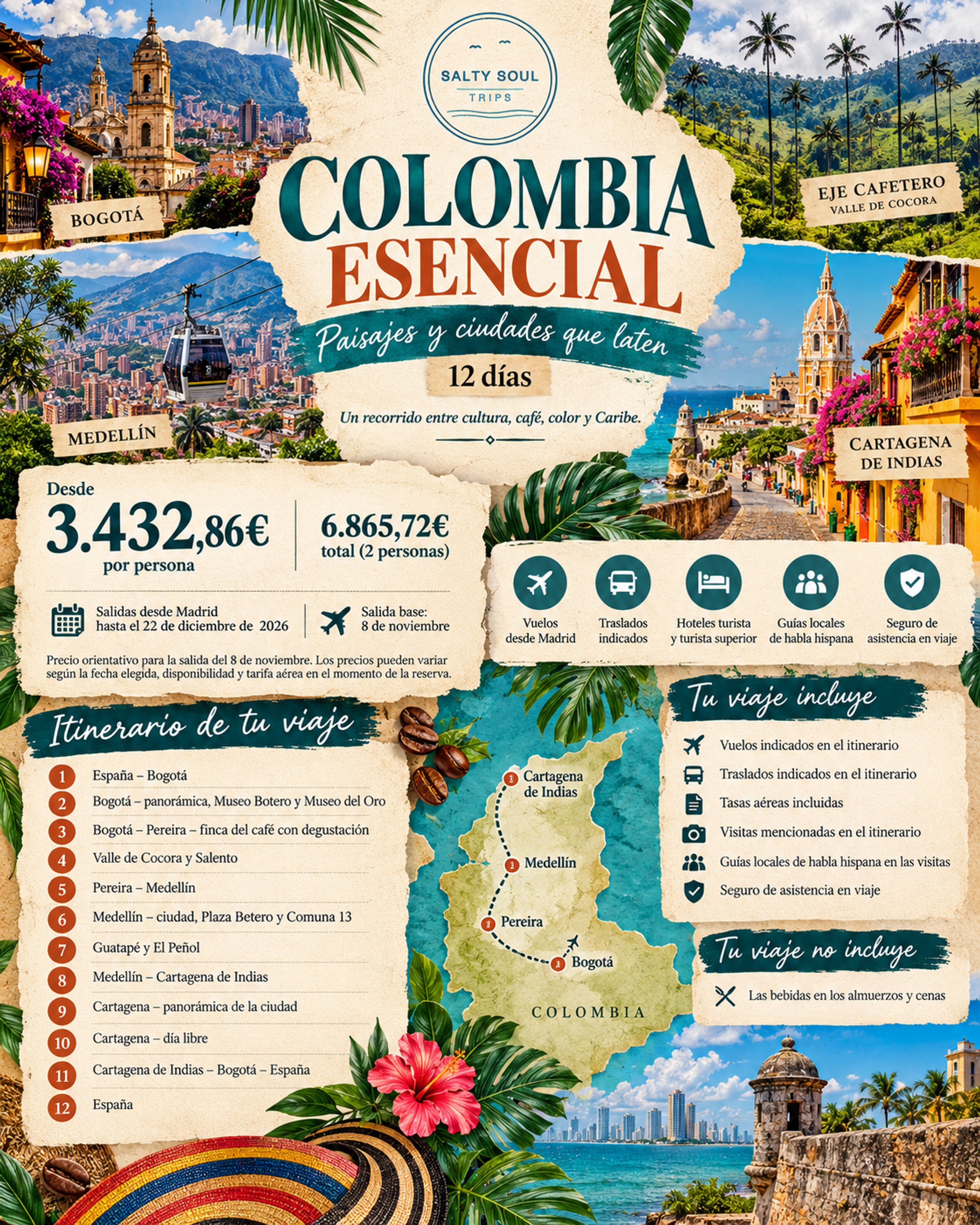 Paquete Colombia Esencial de SaltySoulTrips, circuito de 12 días desde Madrid visitando Bogotá, Eje Cafetero, Medellín y Cartagena, desde 3.432,86 € por persona.