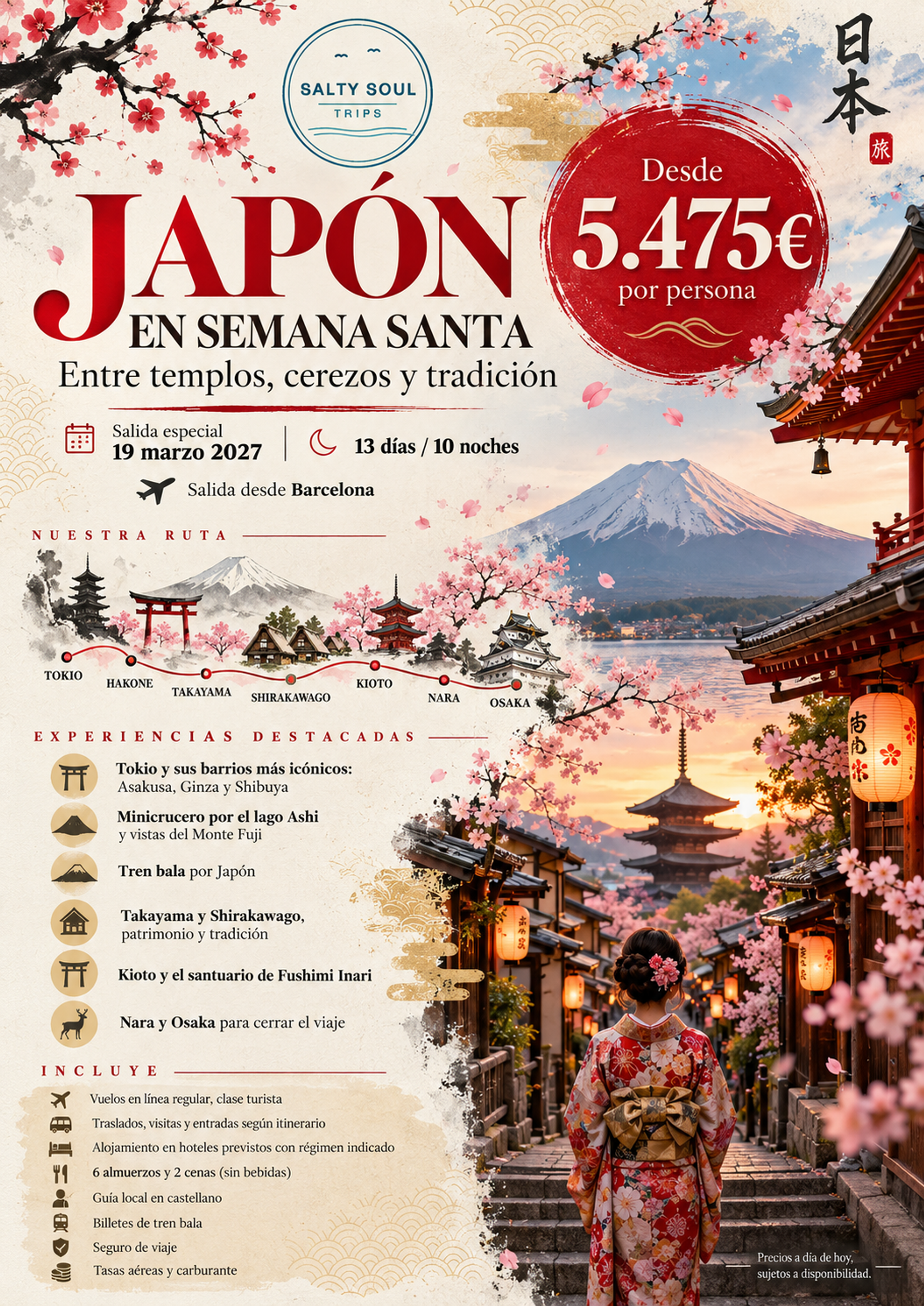 Paquete turístico Japón en Semana Santa 2027 de 13 días desde Barcelona con SaltySoulTrips, visitando Tokio, Hakone, Takayama, Shirakawago, Kioto, Nara y Osaka, desde 5.475 € por persona.