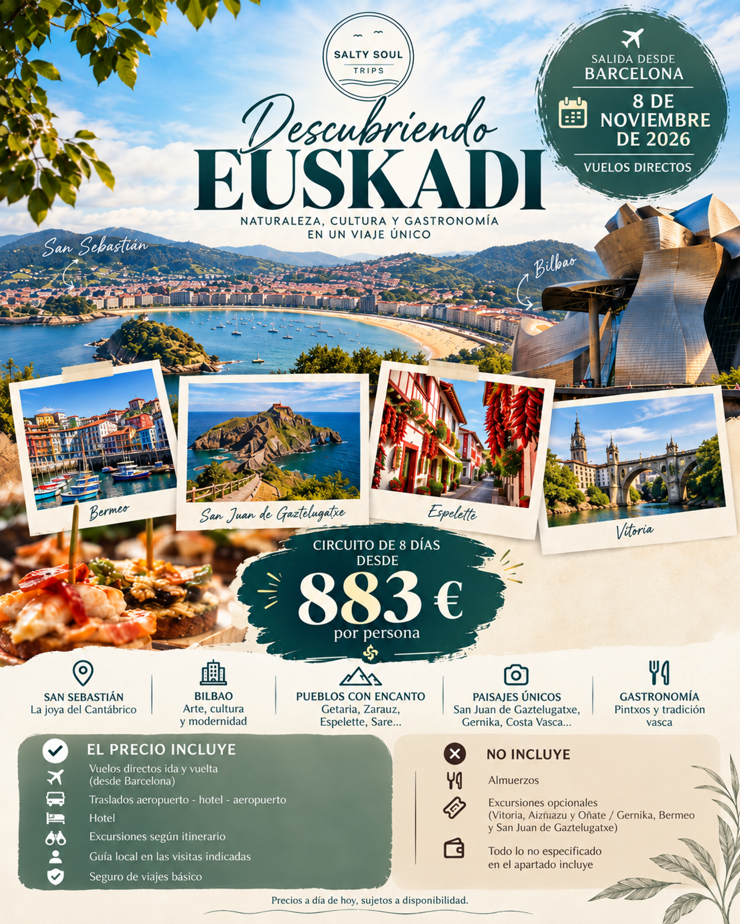 Cartel del circuito Descubriendo Euskadi de SaltySoulTrips, viaje de 8 días desde Barcelona con salida el 8 de noviembre de 2026, desde 883 € por persona. Copiar
