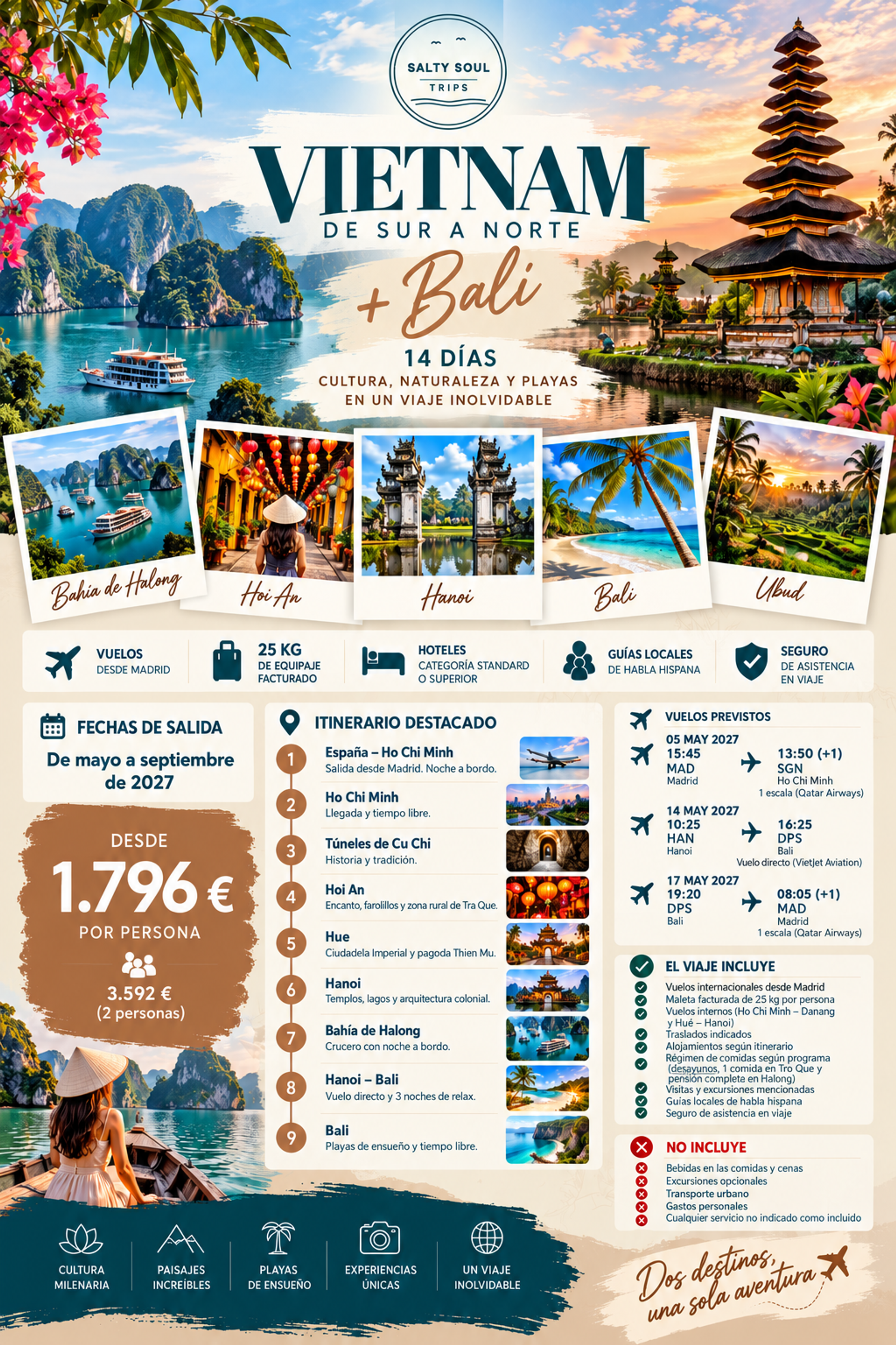 Paquete Vietnam y Bali de SaltySoulTrips, 14 días desde Madrid, con visitas a Ho Chi Minh, Hoi An, Hue, Hanói, Bahía de Halong y Bali, desde 1.796 € por persona.  Copiar
