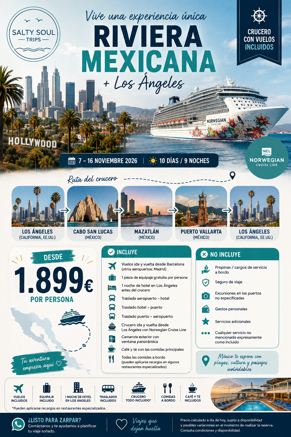 Oferta Riviera Mexicana y Los Ángeles en crucero desde 1.899 euros por persona
