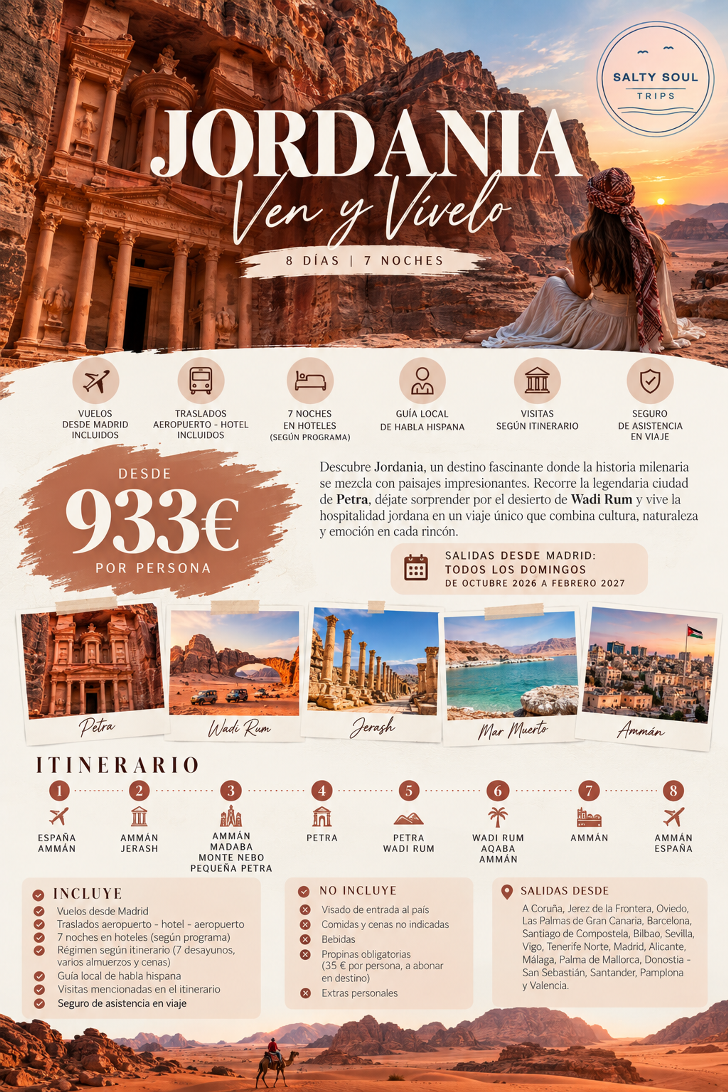 Paquete turístico Jordania Ven y Vívelo de 8 días y 7 noches con SaltySoulTrips, visitando Ammán, Jerash, Petra y Wadi Rum, desde 933 € por persona.