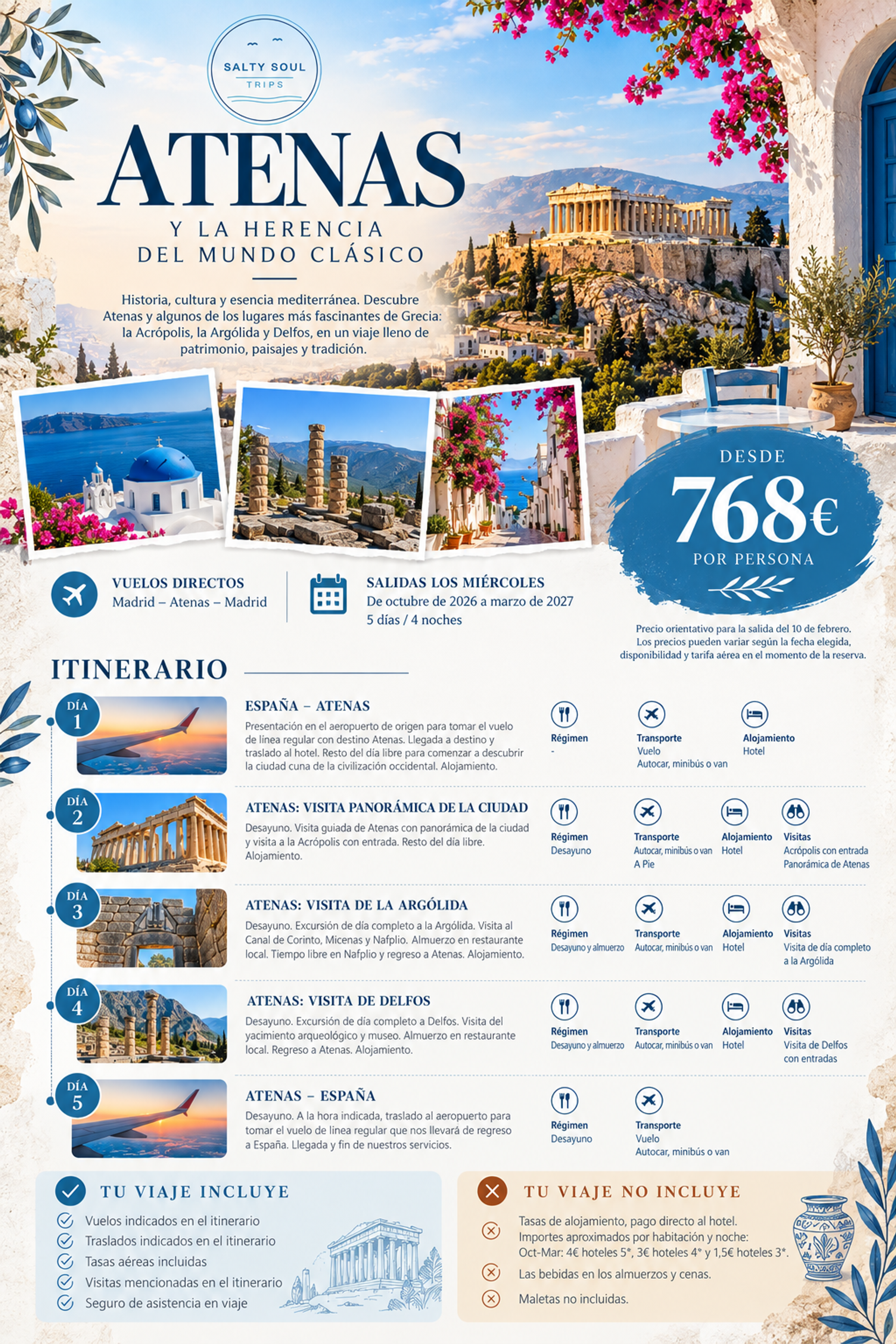 Circuito Atenas y la herencia del mundo clásico de SaltySoulTrips, 5 días desde Madrid, con visitas a la Acrópolis, la Argólida y Delfos, desde 768 € por persona. Copiar
