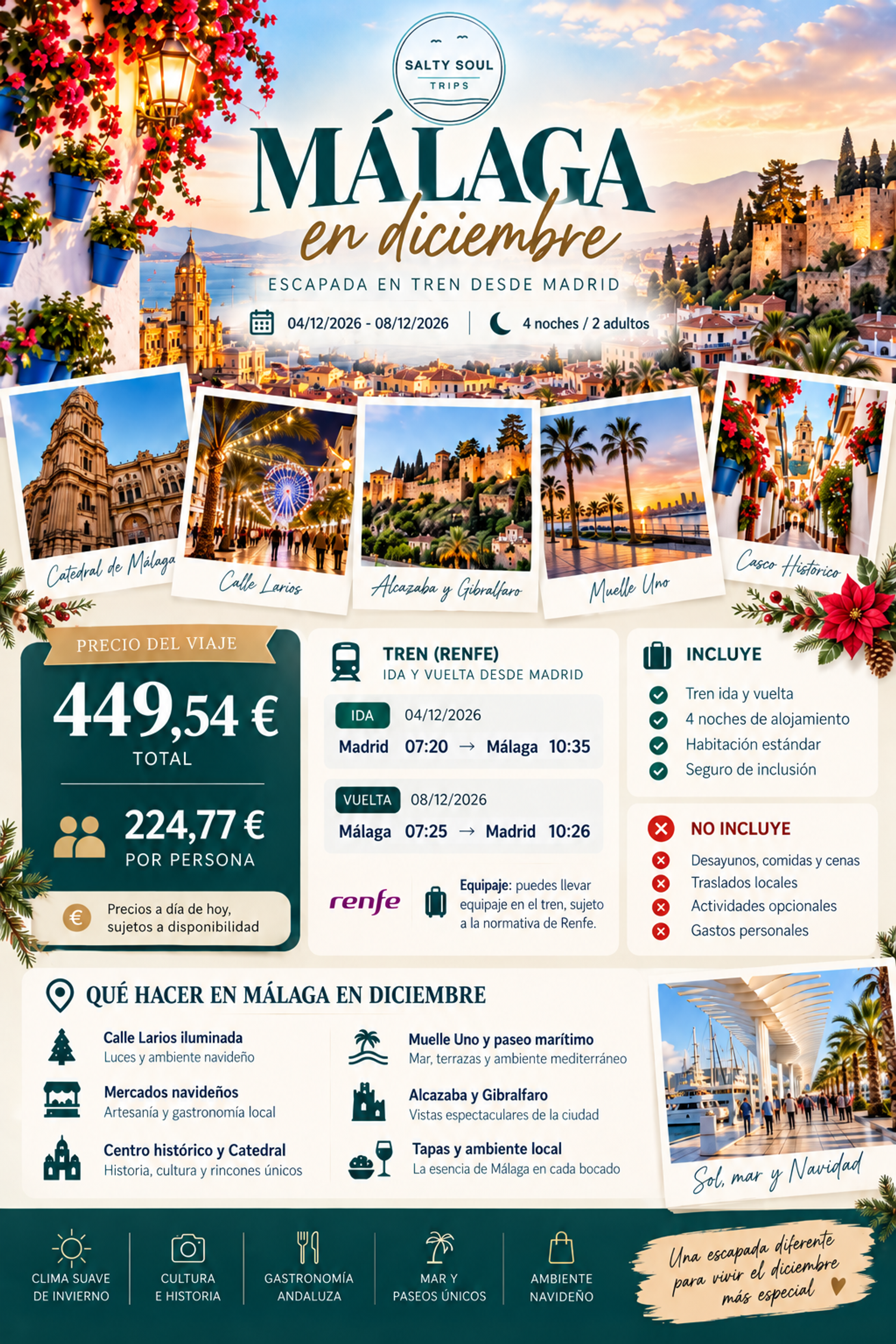 Oferta de Málaga en diciembre del 4 al 8 de diciembre de 2026, con tren desde Madrid, 4 noches de alojamiento y seguro, desde 224,77 € por persona con SaltySoulTrips.