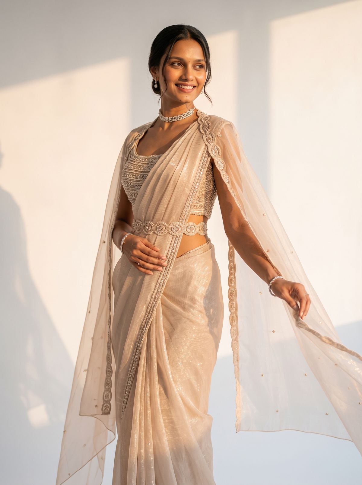 Champagne Organza Evening Saree