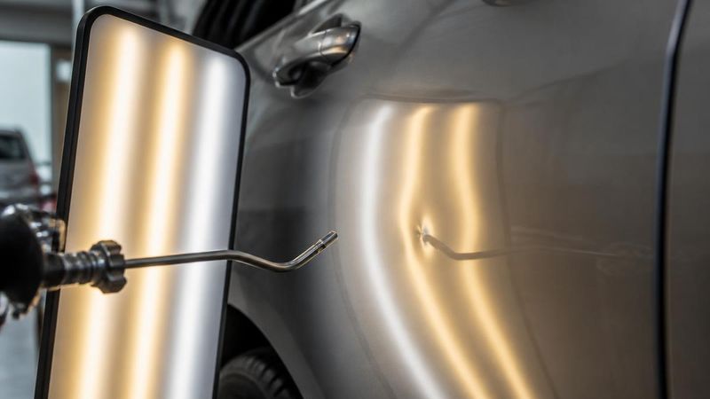 Paintless dent repair rod and reflection board working a shallow dent out of a car door