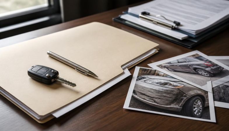 Insurance claim folder, pen, car key and printed vehicle damage photos on a desk