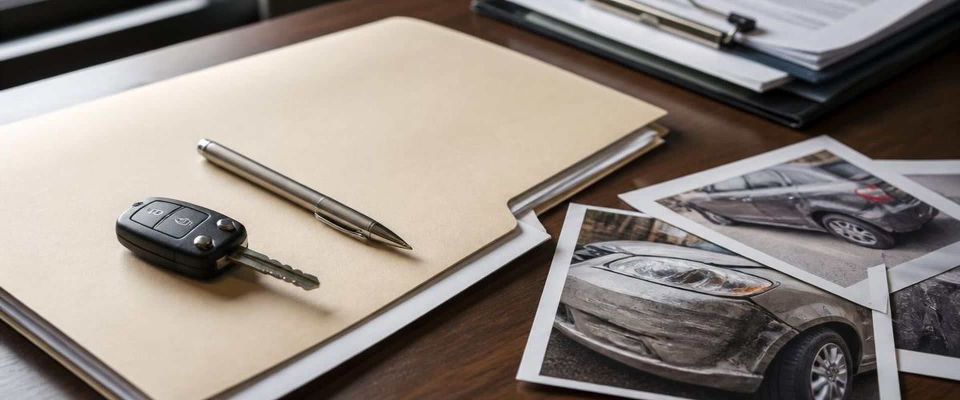 Insurance claim folder, pen, car key and printed vehicle damage photos on a desk