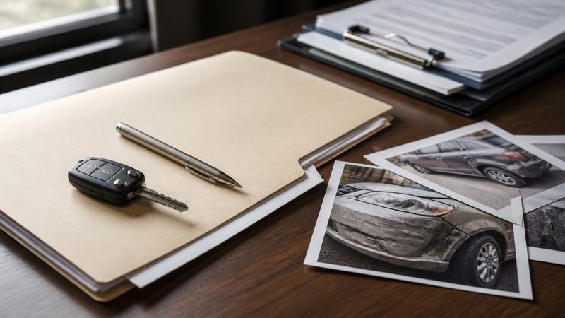 Insurance claim folder, pen, car key and printed vehicle damage photos on a desk