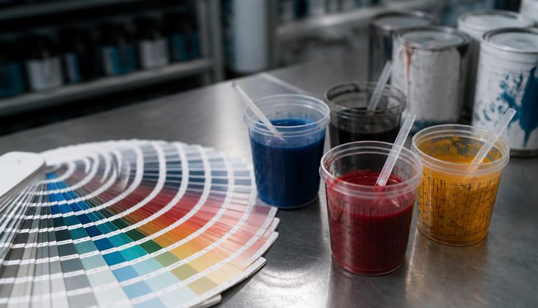 Automotive paint color fan deck beside tinted paint mixing cups on a shop mixing bench