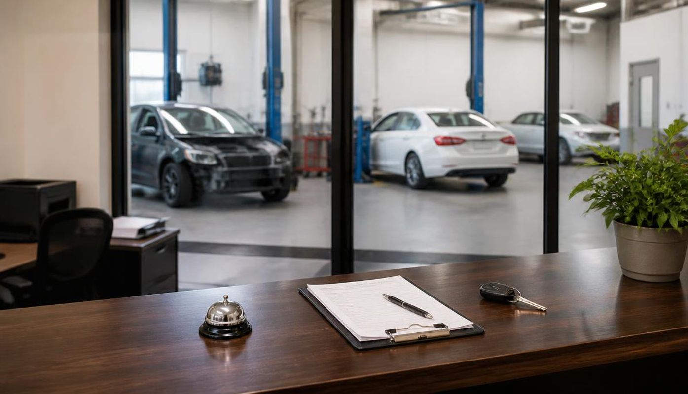 Tidy collision repair shop reception counter with a service bell, clipboard and keys