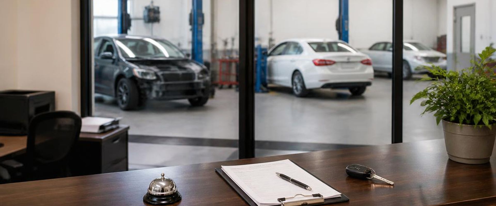 Tidy collision repair shop reception counter with a service bell, clipboard and keys