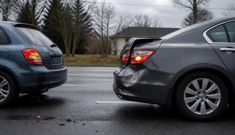 Rear-end collision aftermath on a suburban road with a crumpled bumper and hazard lights on