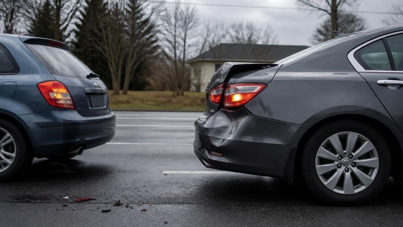 Rear-end collision aftermath on a suburban road with a crumpled bumper and hazard lights on