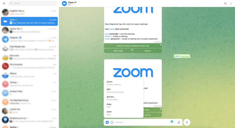 创建或加入 Zoom 会议 Telegram