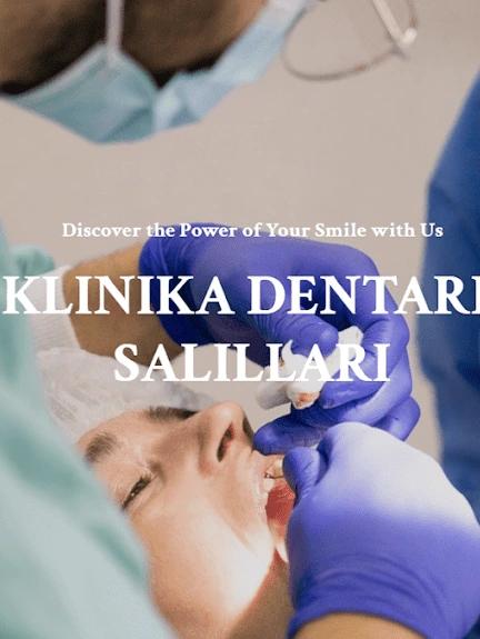 Photo of doctors working on a patient with text "Klinika Dentare Salillari" on it