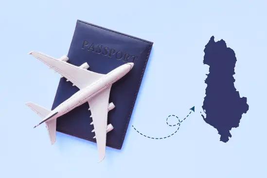 Plane over passport with Albania silhouette, symbolizing dental tourism in Albania