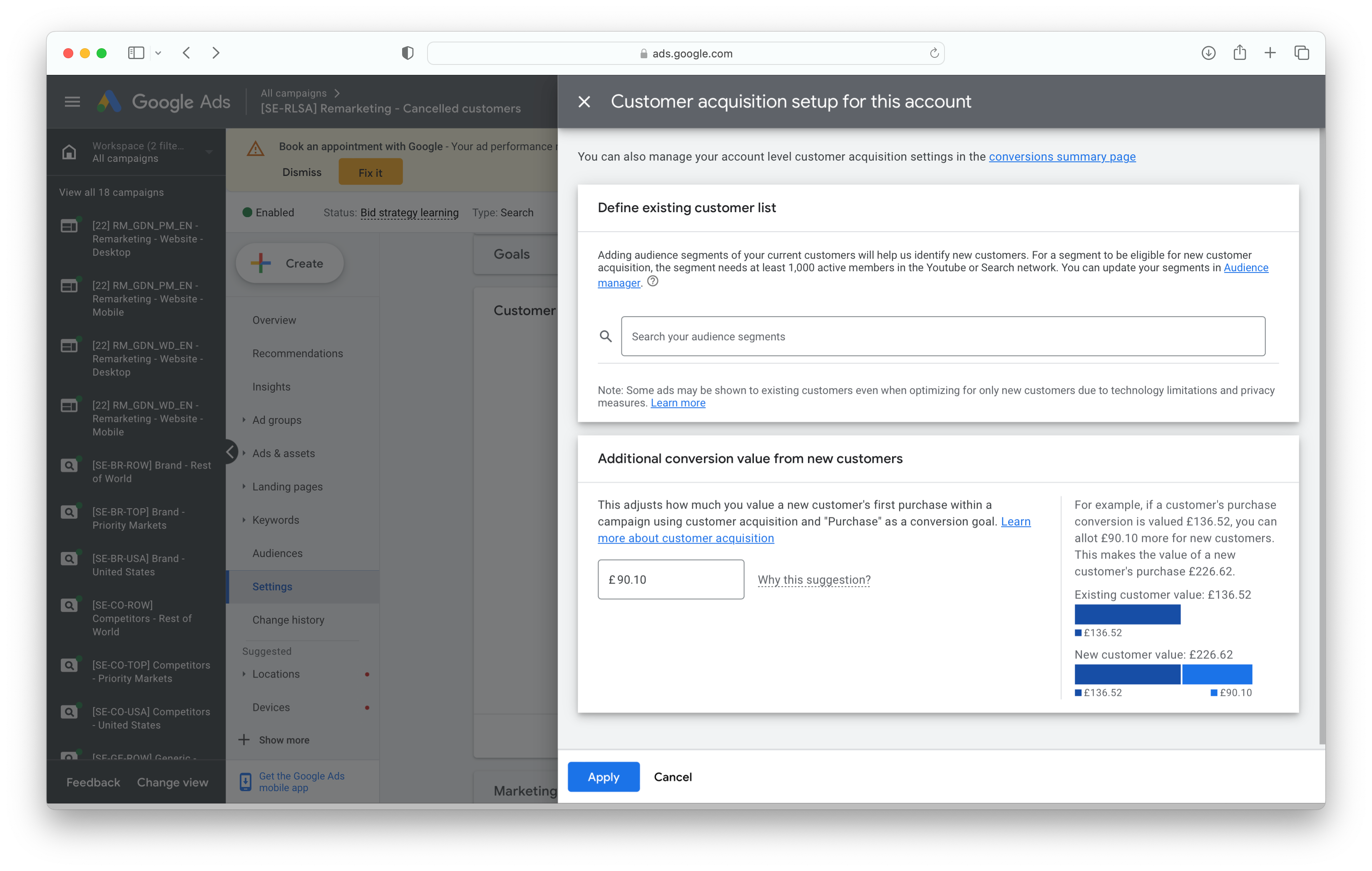UI for setting up "Customer acquisition" in the campaign settings flow