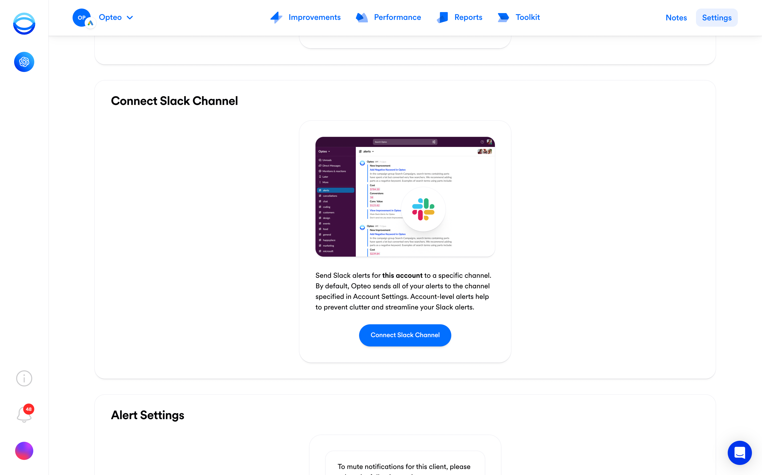 Screenshot of the "Connect Slack Channel" section in Opteo.