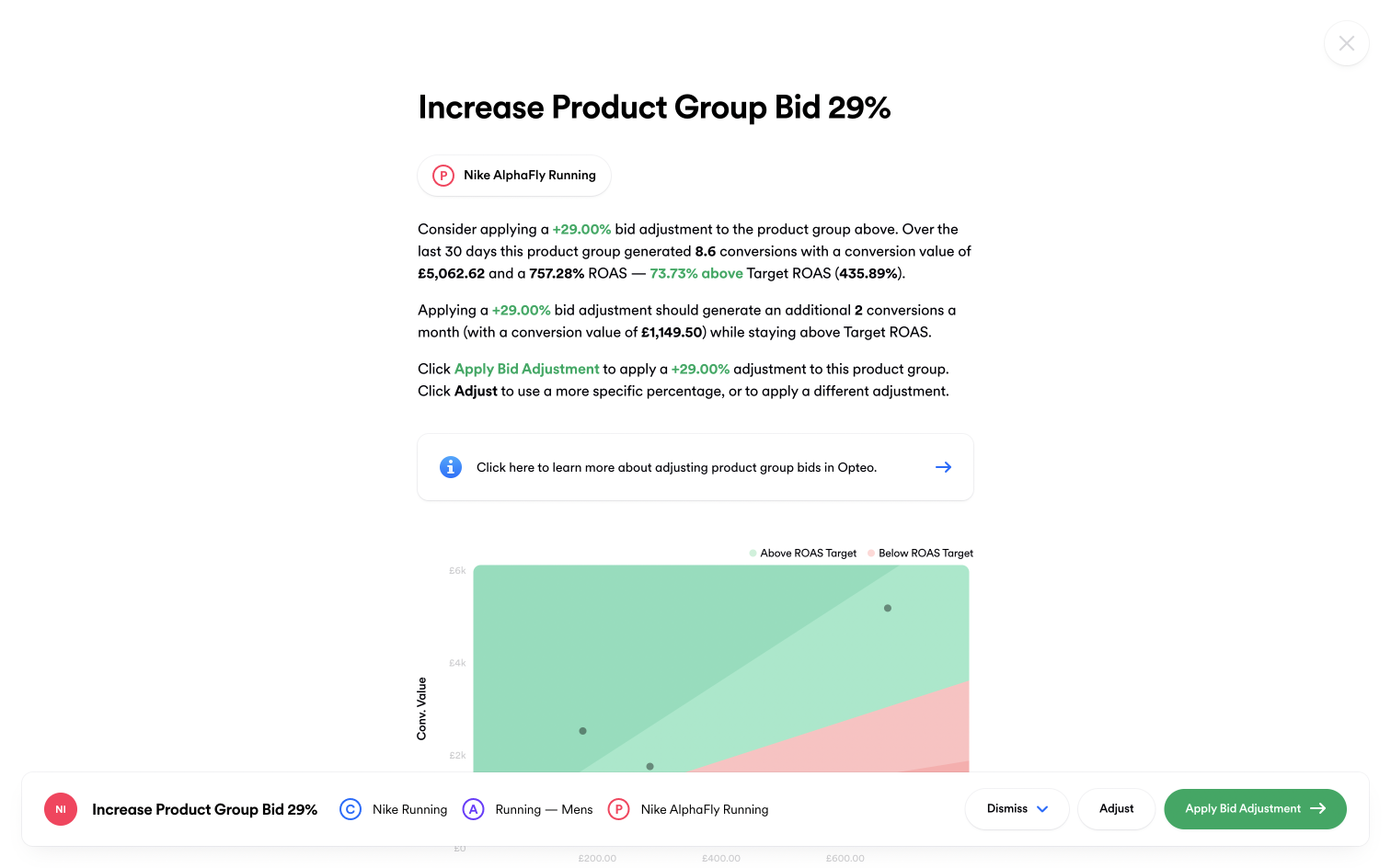 Screenshot of an "Adjust Product Group Bid" Improvement in Opteo