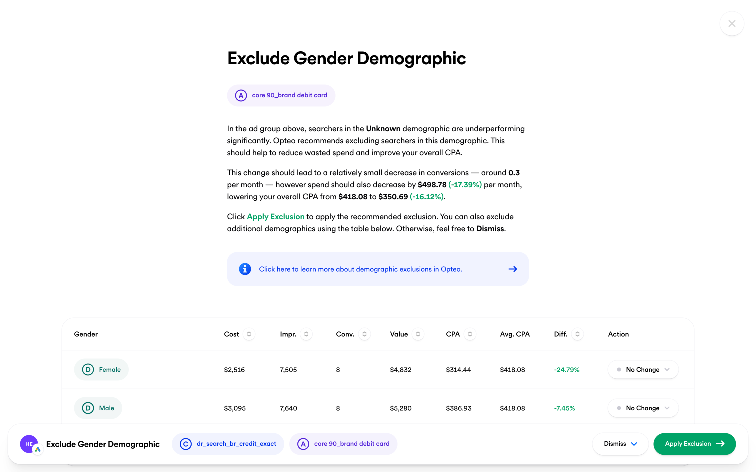 Screenshot of an Exclude Gender Demographic Improvement in Opteo