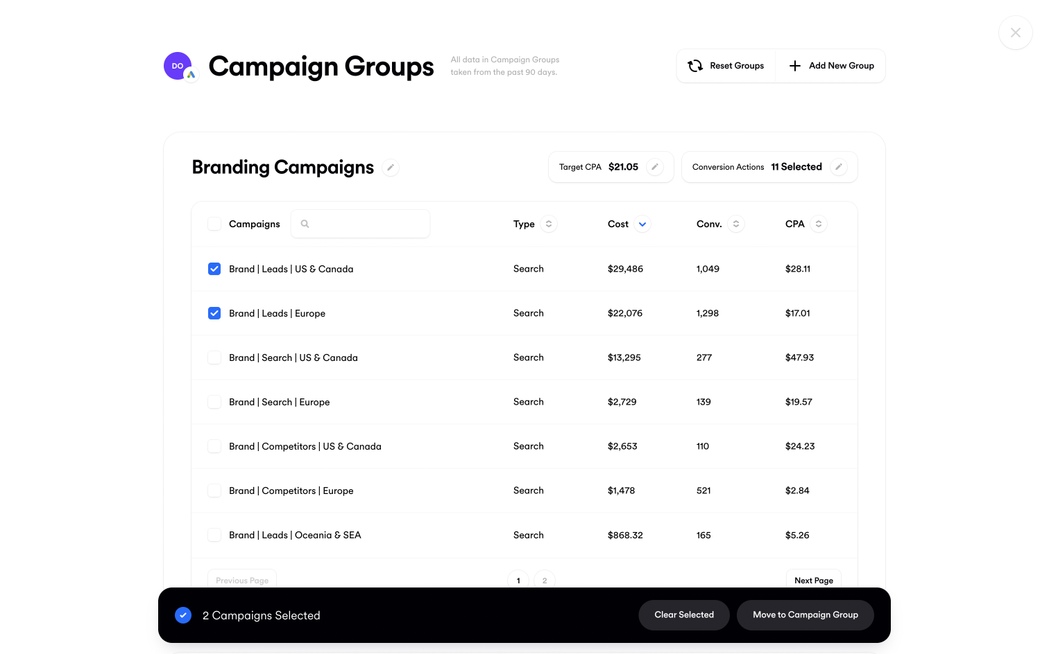 Screenshot of Campaigns being selected in Campaign Groups