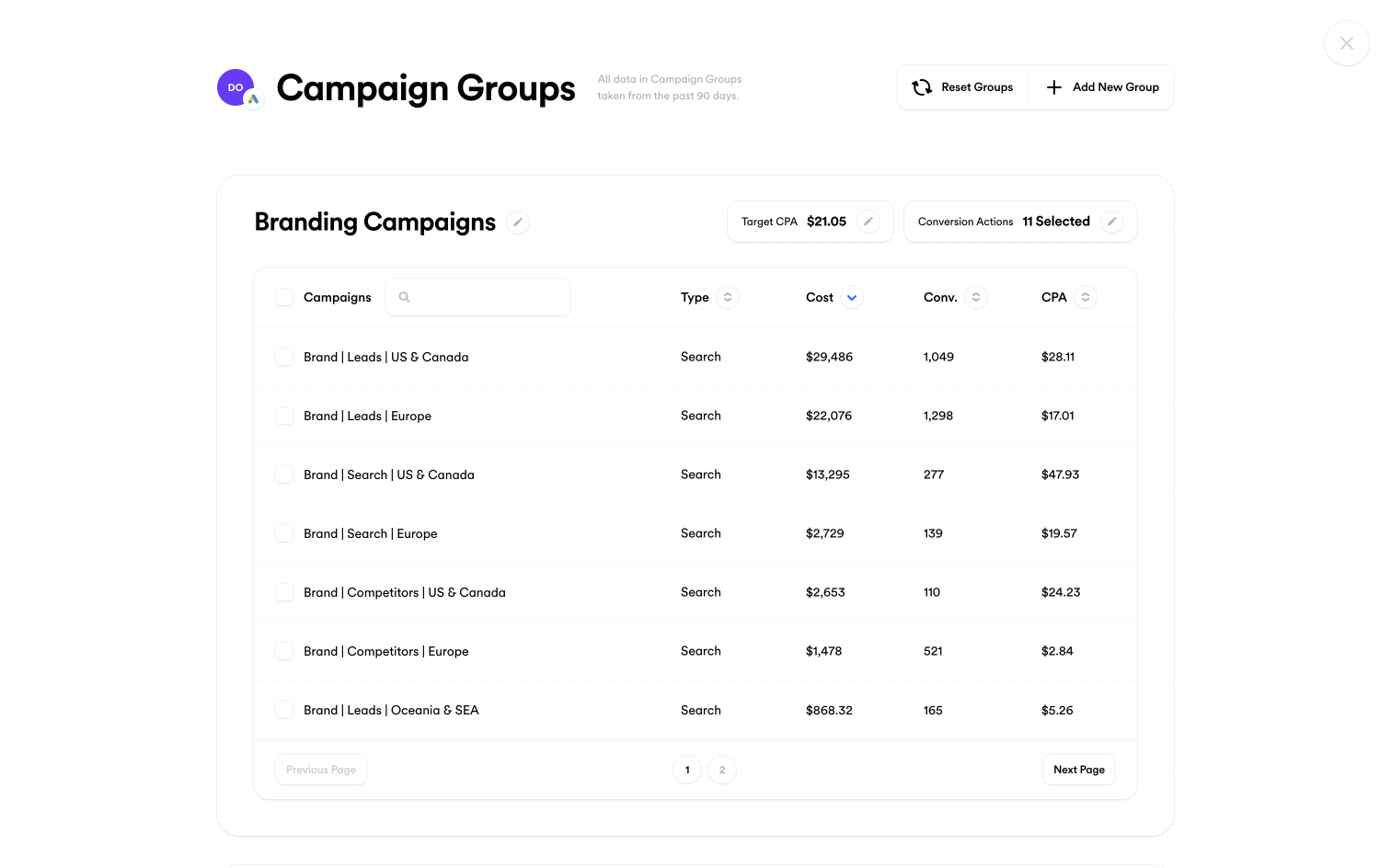 Screenshot of "Campaign Groups" in Opteo