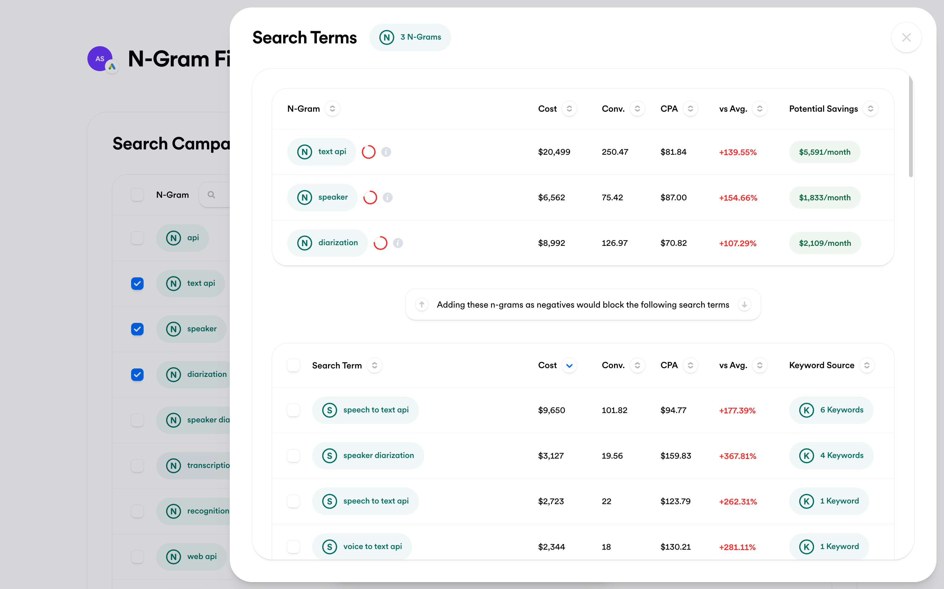 Screenshot of blocked search terms in N-Gram Finder