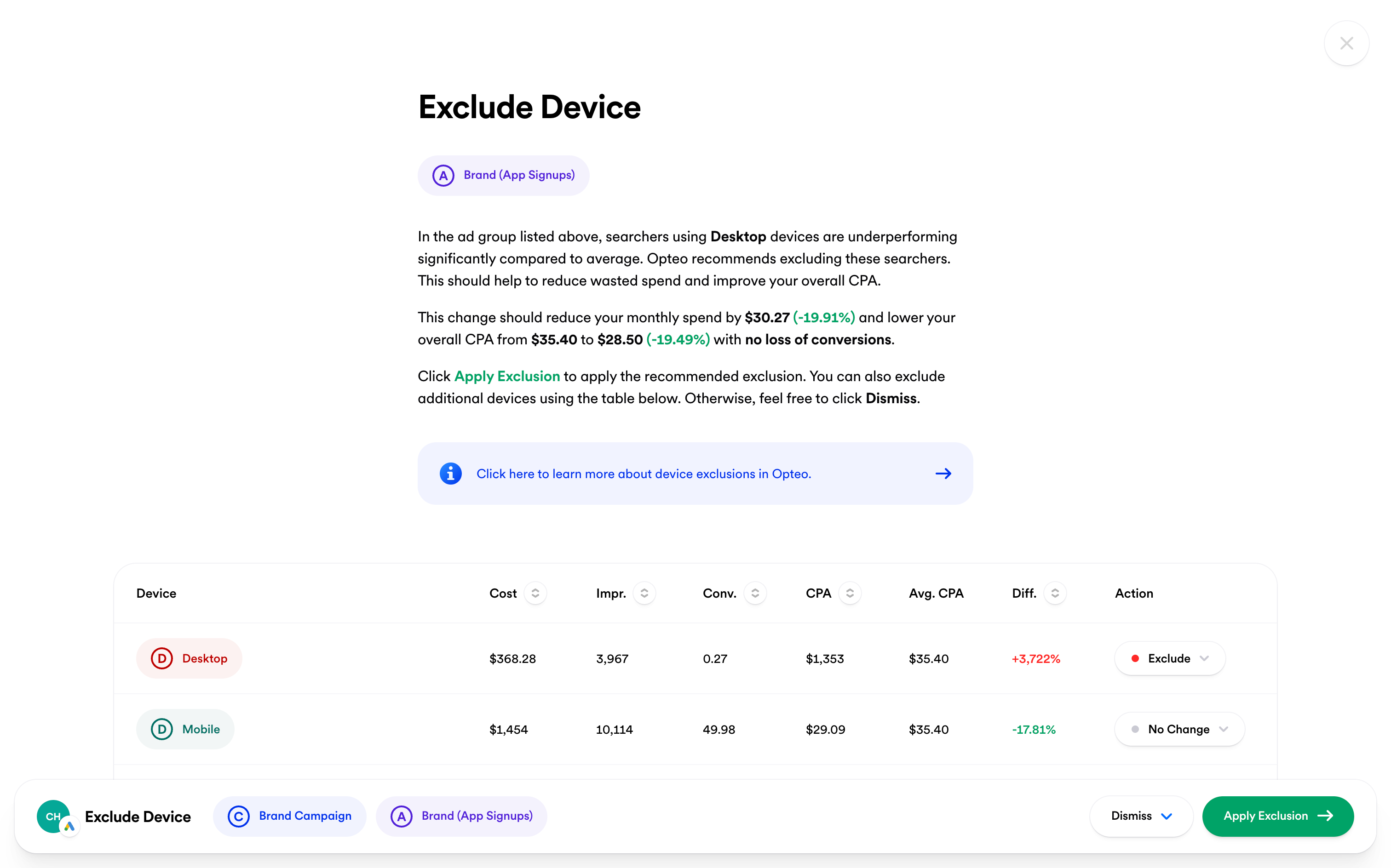 Screenshot of an Exclude Device Improvement in Opteo