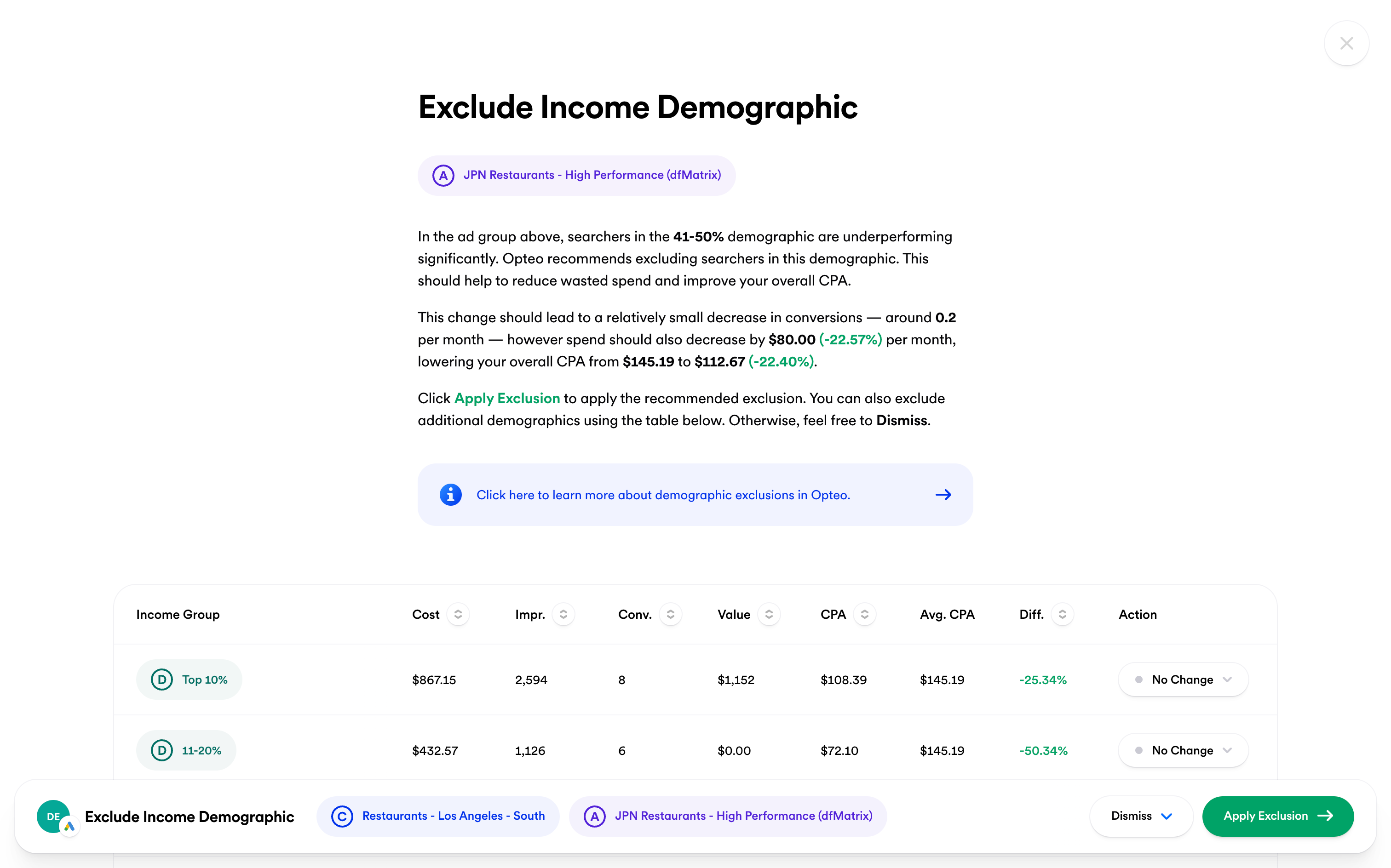Screenshot of an Exclude Income Demographic Improvement in Opteo
