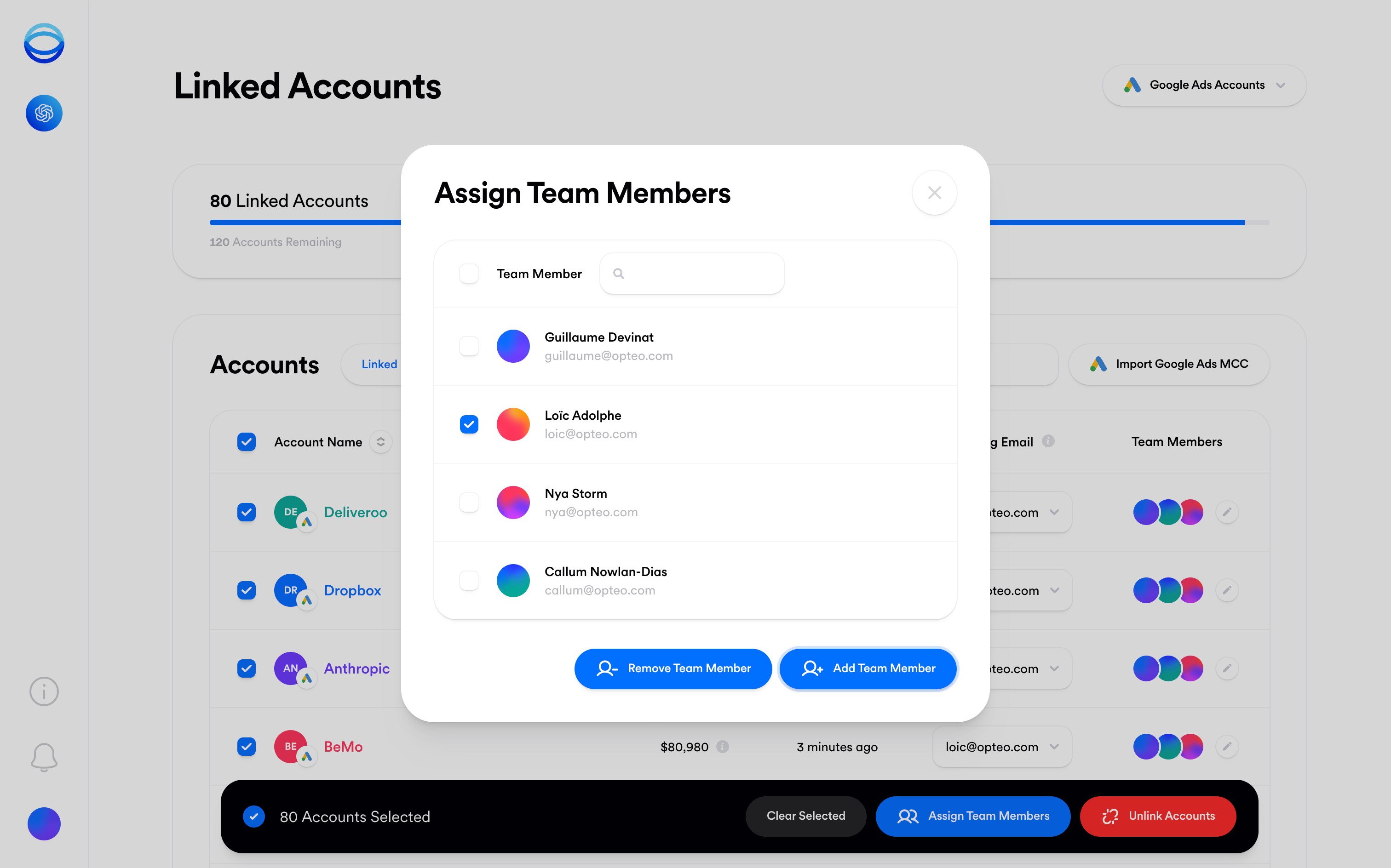 Screenshot of Assign Team Members modal in Opteo