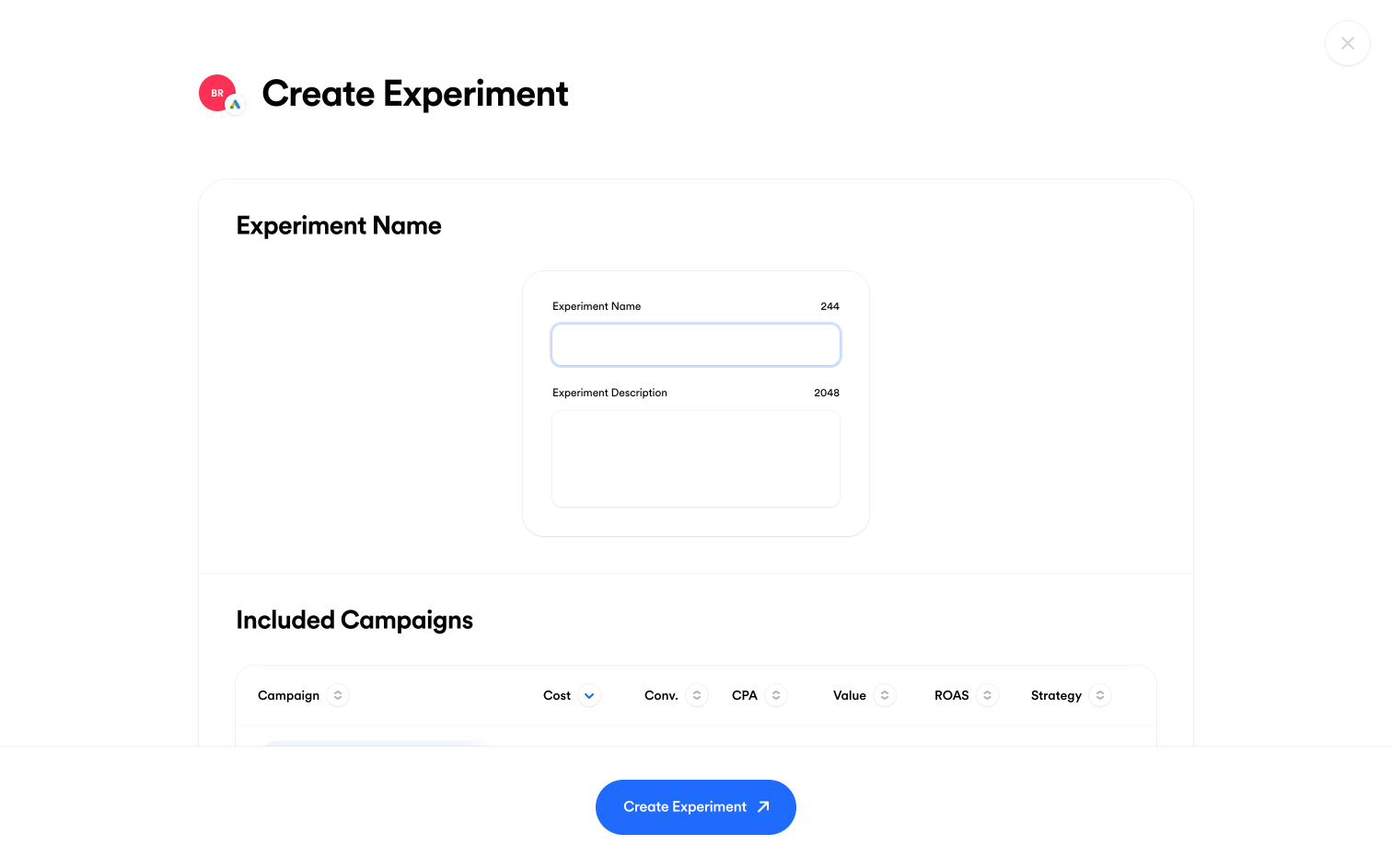 Screenshot of the "Create Experiment" flow in Opteo