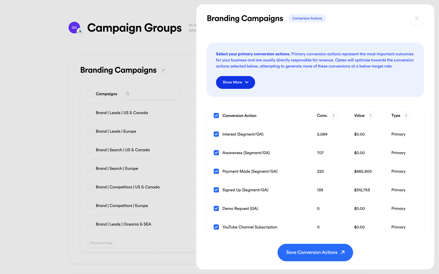 Screenshot of "Conversion Actions" panel in Campaign Groups