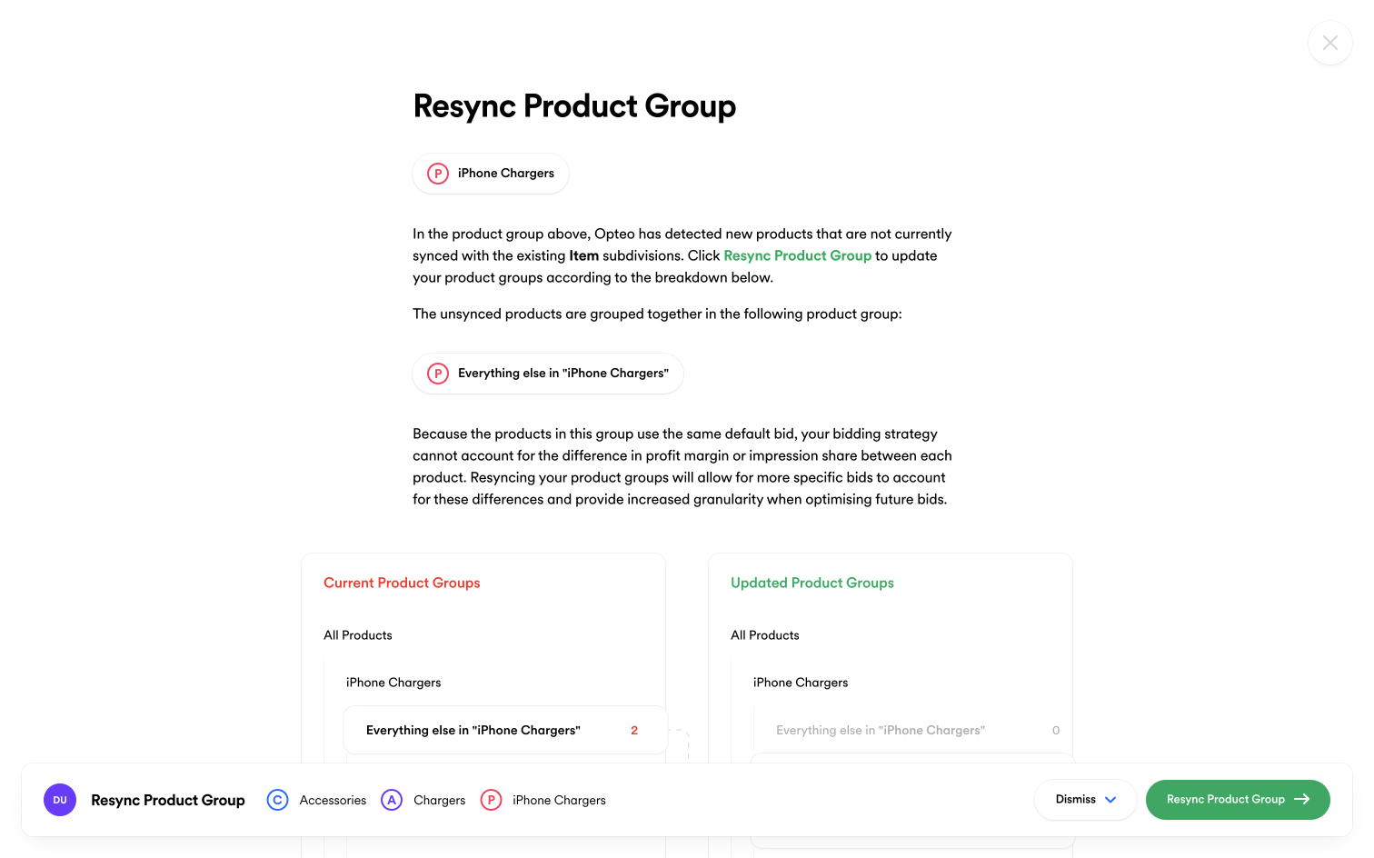 Screenshot of a "Resync Product Group" Improvement in Opteo